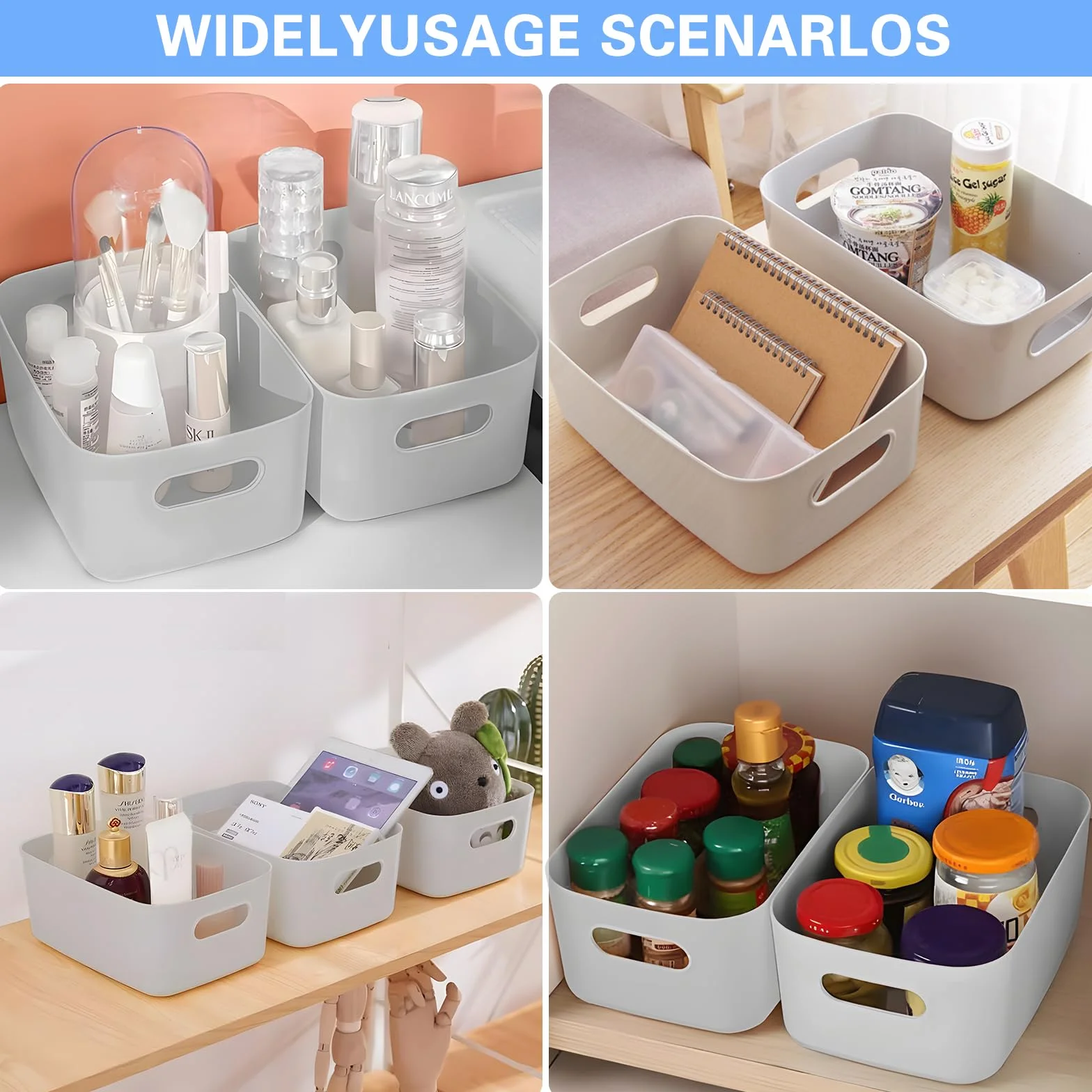 Cestini Portaoggetti Plastica con Manici 12 Pezzi per Bagno Cucina Armadio Grigio