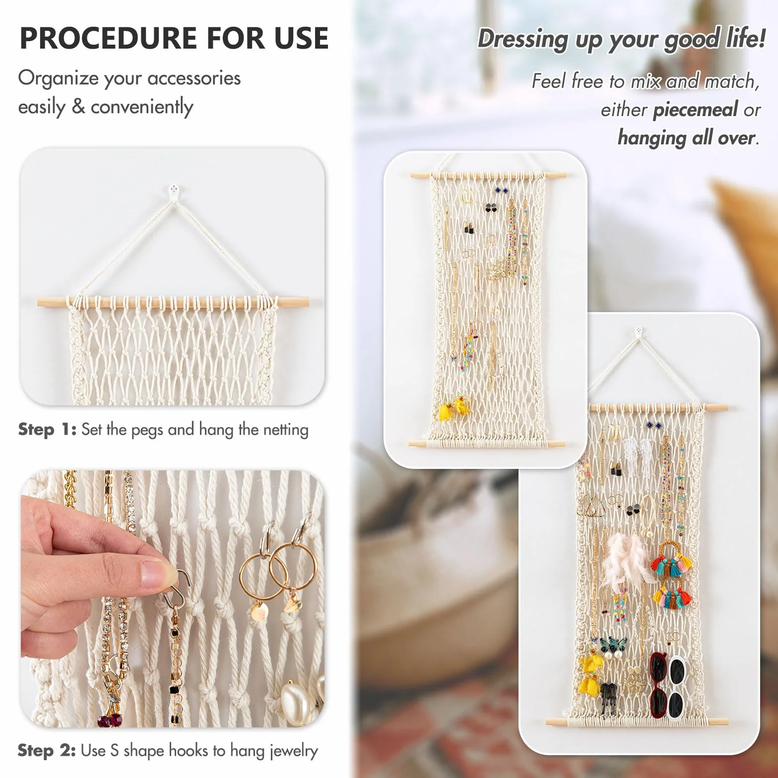 Pretty Jolly Organizer da parete per gioielli con 20 ganci a forma di S, collane, orecchini, bracciali, anelli (giallo)