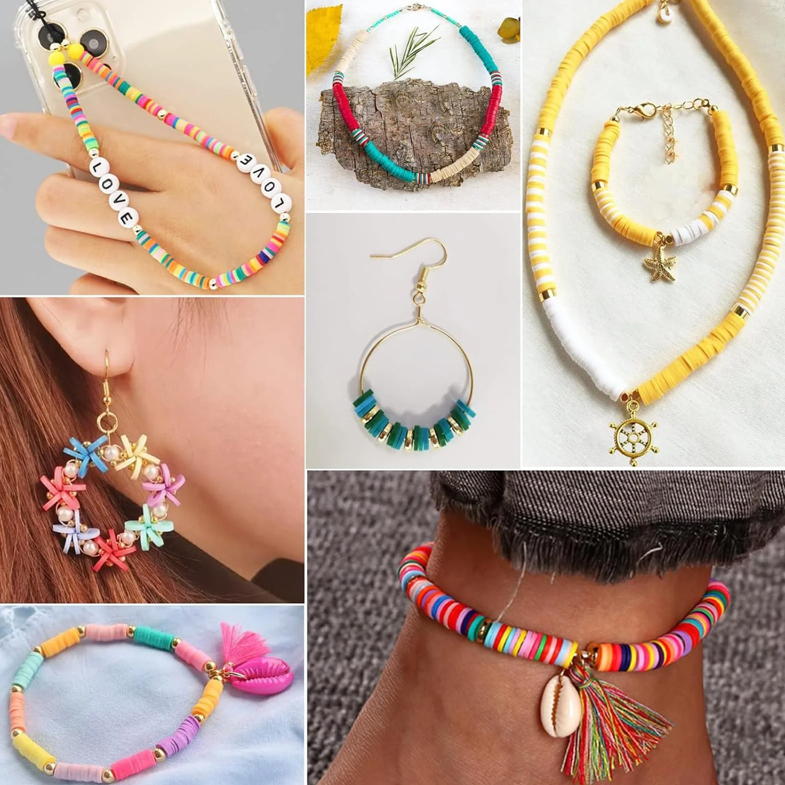 Qikuver Kit per la creazione di bracciali, 8230 perline in argilla, 60 colori, 3 scatole di perline per la creazione di gioielli, perline rotonde con lettere, cuori e motivi con ciondoli, braccialetti