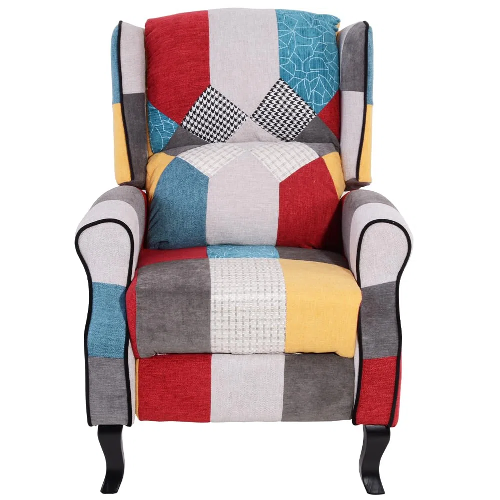 BAKAJI Poltrona Sedia Reclinabile Rivestita e Imbottita con Design Patchwork, Stile Toppe, Arredamento Casa Ideale per Lettura e Riposo, Schienale Comodo Ergonomico per Postura Dritta (Brown)