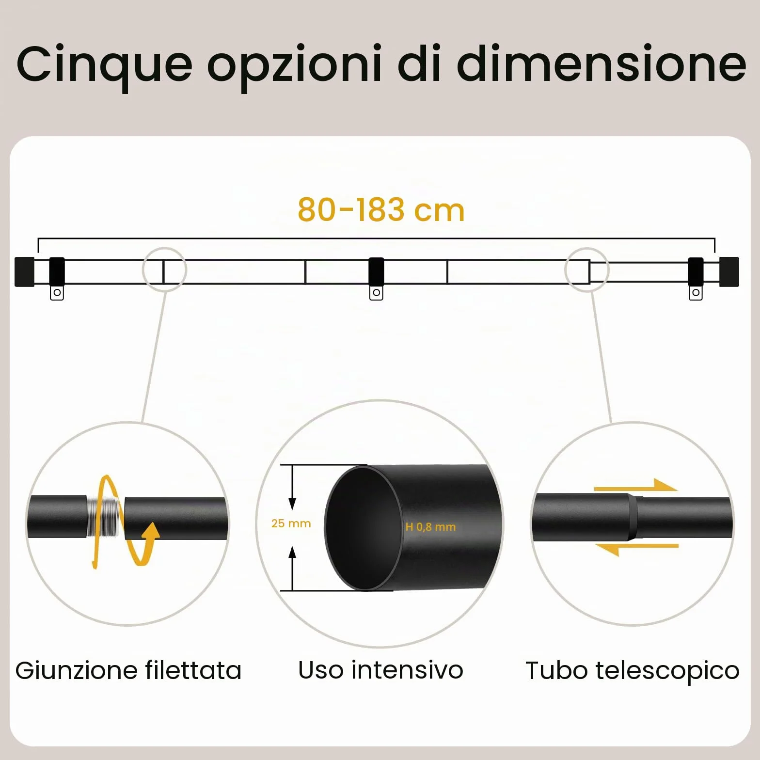 Bastone per Tende Nero, 80-183 cm Regolabile, Asta Estensibile con Terminali a Cilindro e Staffe