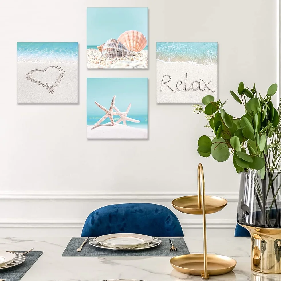 Artscope Stampe e Quadri su Tela 4 pz. Crostacei e Spiagge Immagine Fotografia Murale Tela Wall Art Bel Regalo per Home Decor Ristorante Cucina Regalo di Anniversario Compleanno 30x30CM