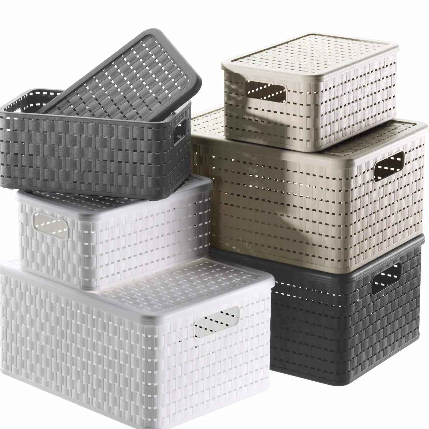 Rotho Country Set di 3 Scatole in Rattan-Look, Plastica PP, Bianco, 28x18.5x12.6 cm