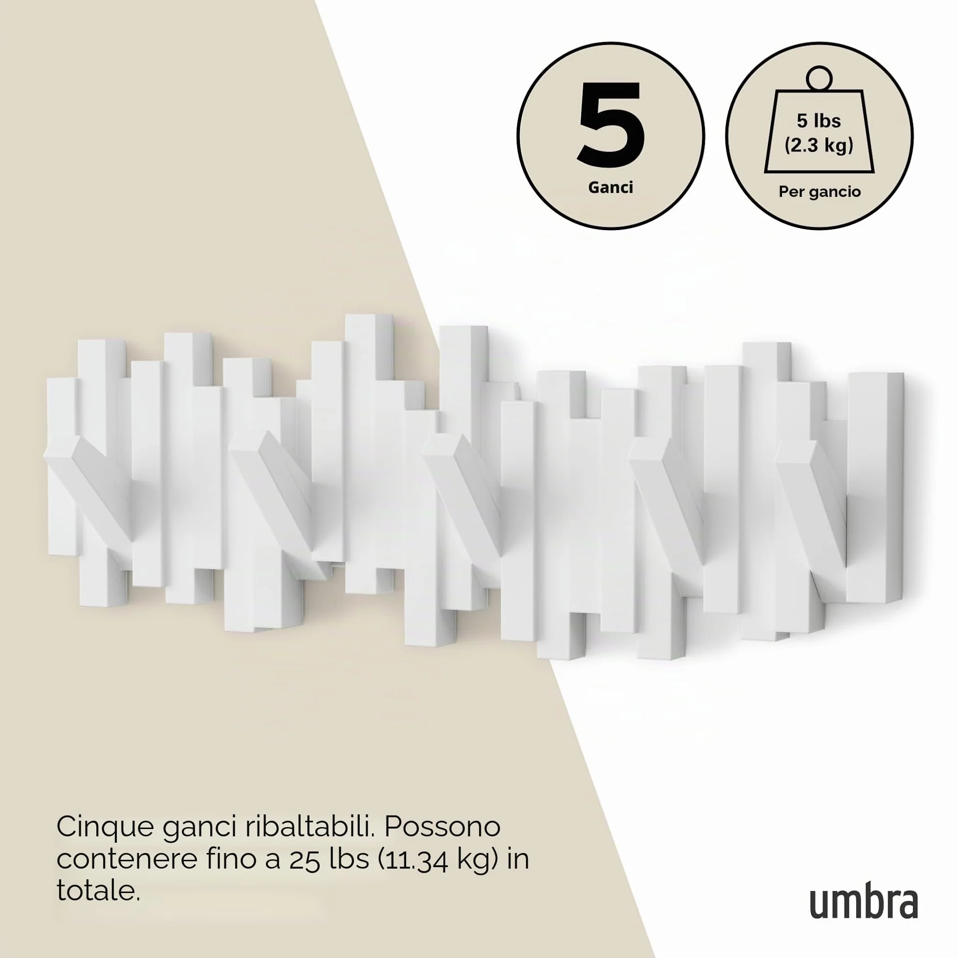 Umbra Sticks Attaccapanni da parete 5 ganci ribaltabili ABS Bianco