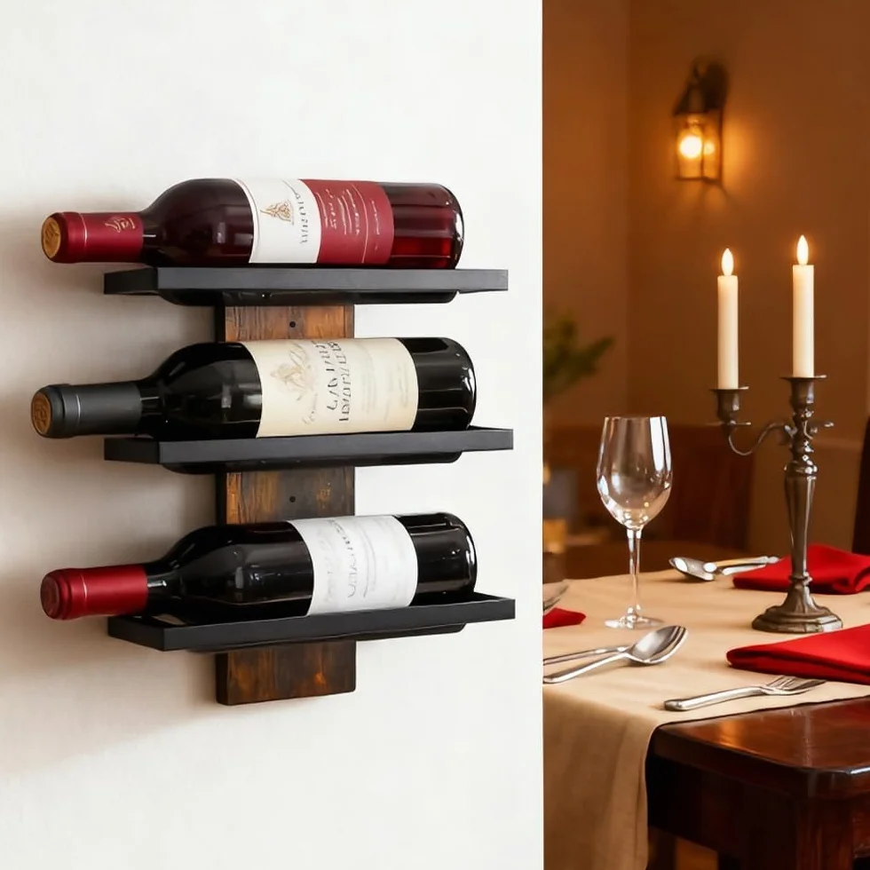 Portabottiglie da Parete per 3 Bottiglie di Vino,Mensola per Bottiglie da Muro,Cantinetta da Parete per Angolo Bar per Cucina, Sala da Pranzo e Cantina