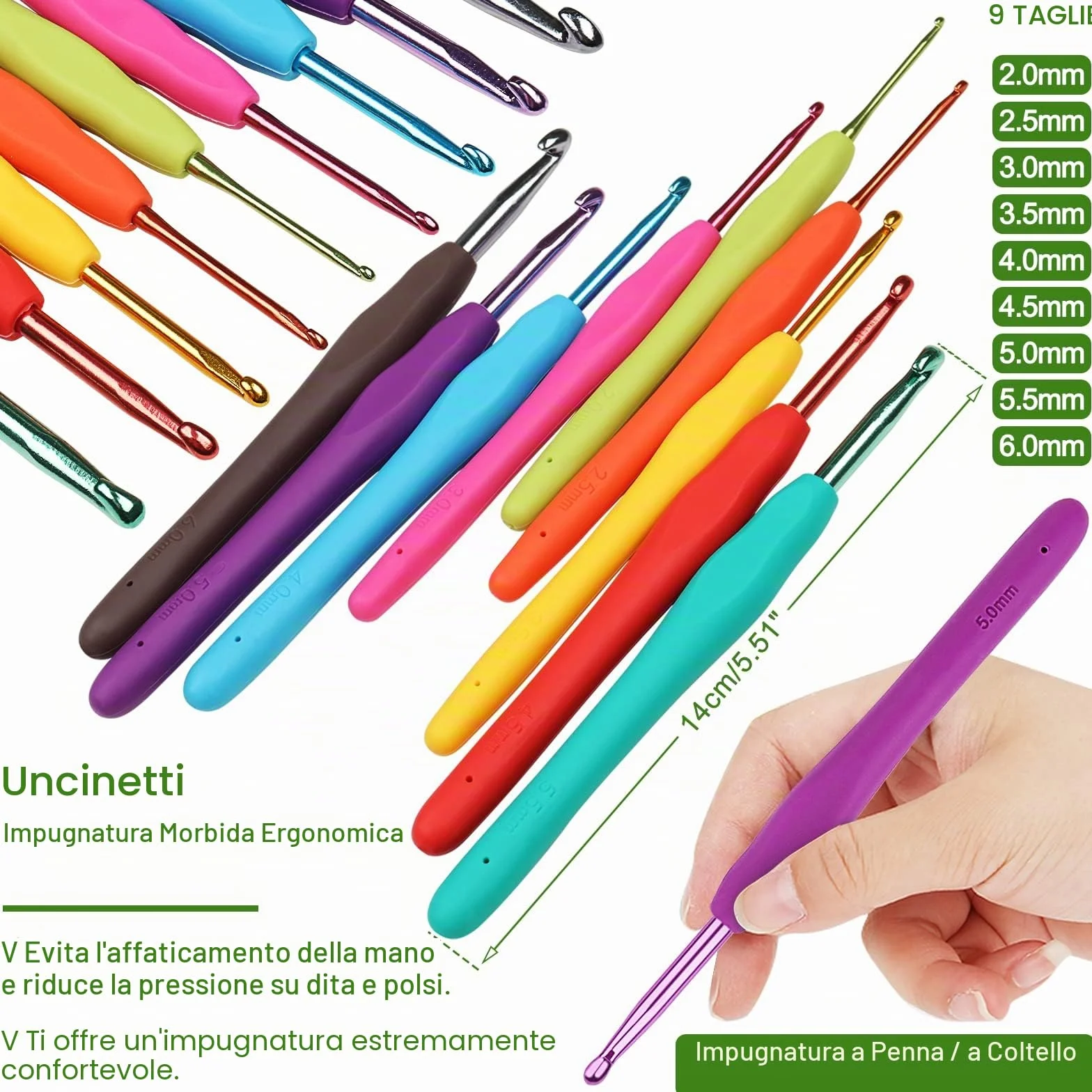 Coopay Set di uncinetti ergonomici in metallo 0,6-6 mm per principianti con accessori e custodia