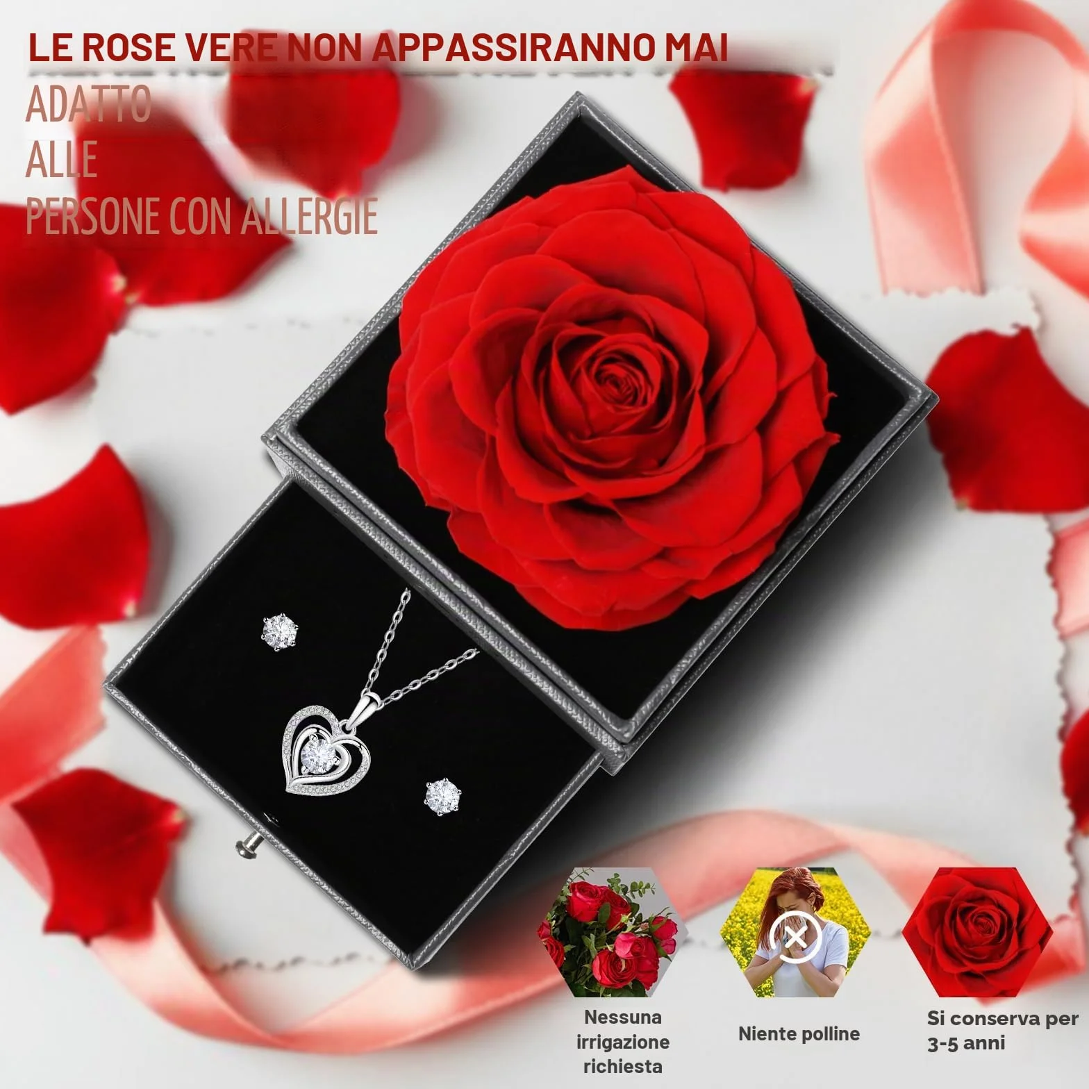 Yamonic Rosa Eterna Regalo Donna Rosa Stabilizzata Collana Argento 925