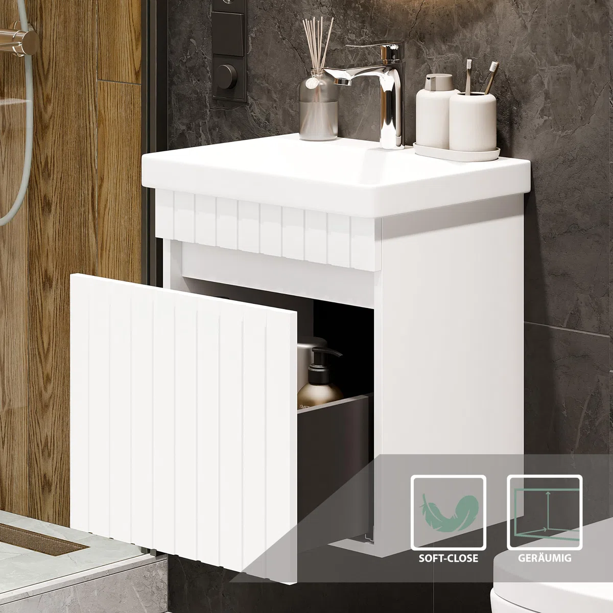 Planetmöbel Cosmia - Set di mobili da bagno, composto da lavandino con mobiletto da 50 x 60 x 35 cm, colore: bianco, lavabo in ceramica con cassetto