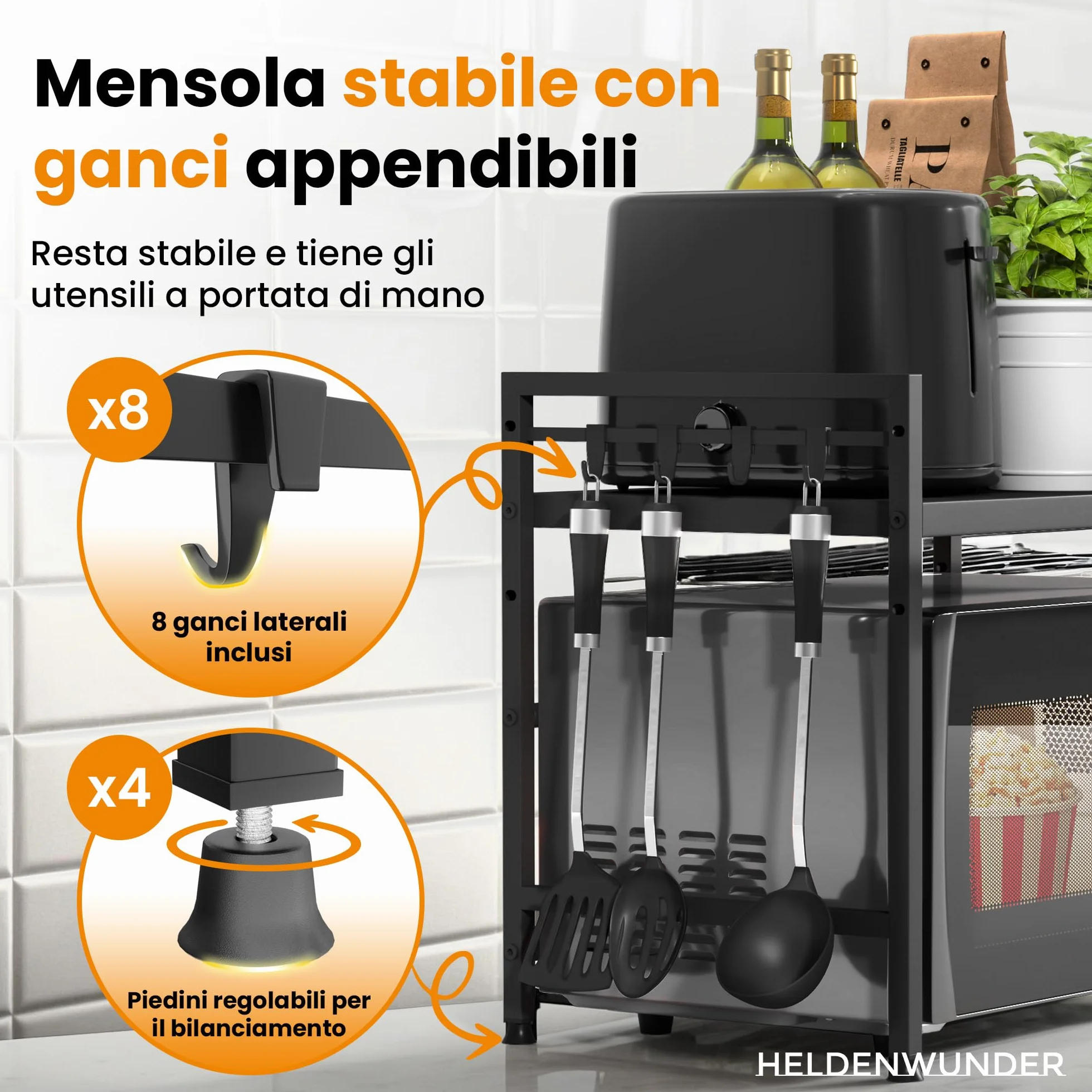Heldenwunder Mensola Mobile Cucina Salvaspazio Acciaio 2 Ripiani Organizer Forno Mobiletto Supporto Microonde Regolabile Nero
