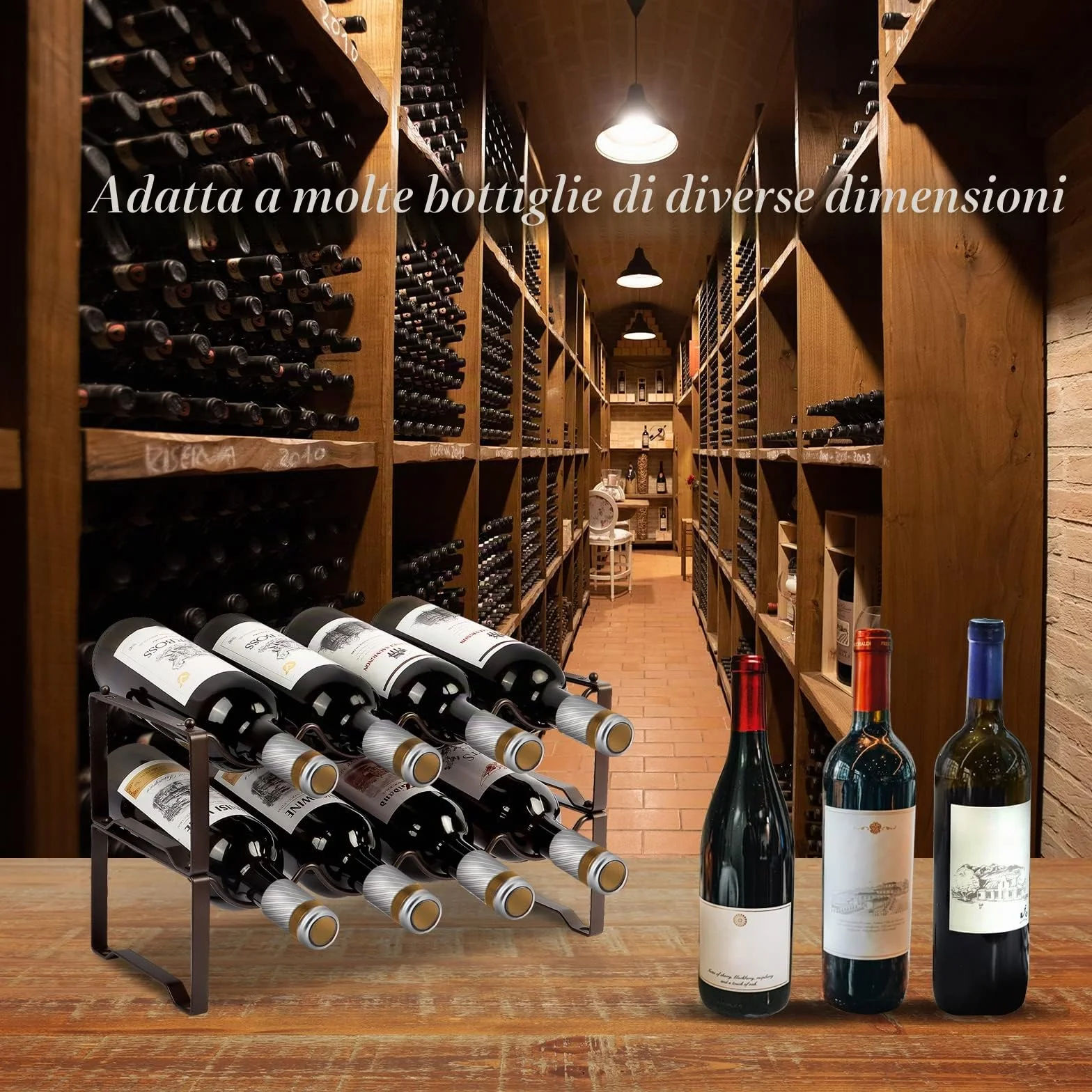 Scaffale per bottiglie in metallo, impilabile, portabottiglie per 8 bottiglie per cantina, bar e magazzino, Wine Rack stabile modulare espansibile per bottiglie e conservazione del vino (2 livelli)
