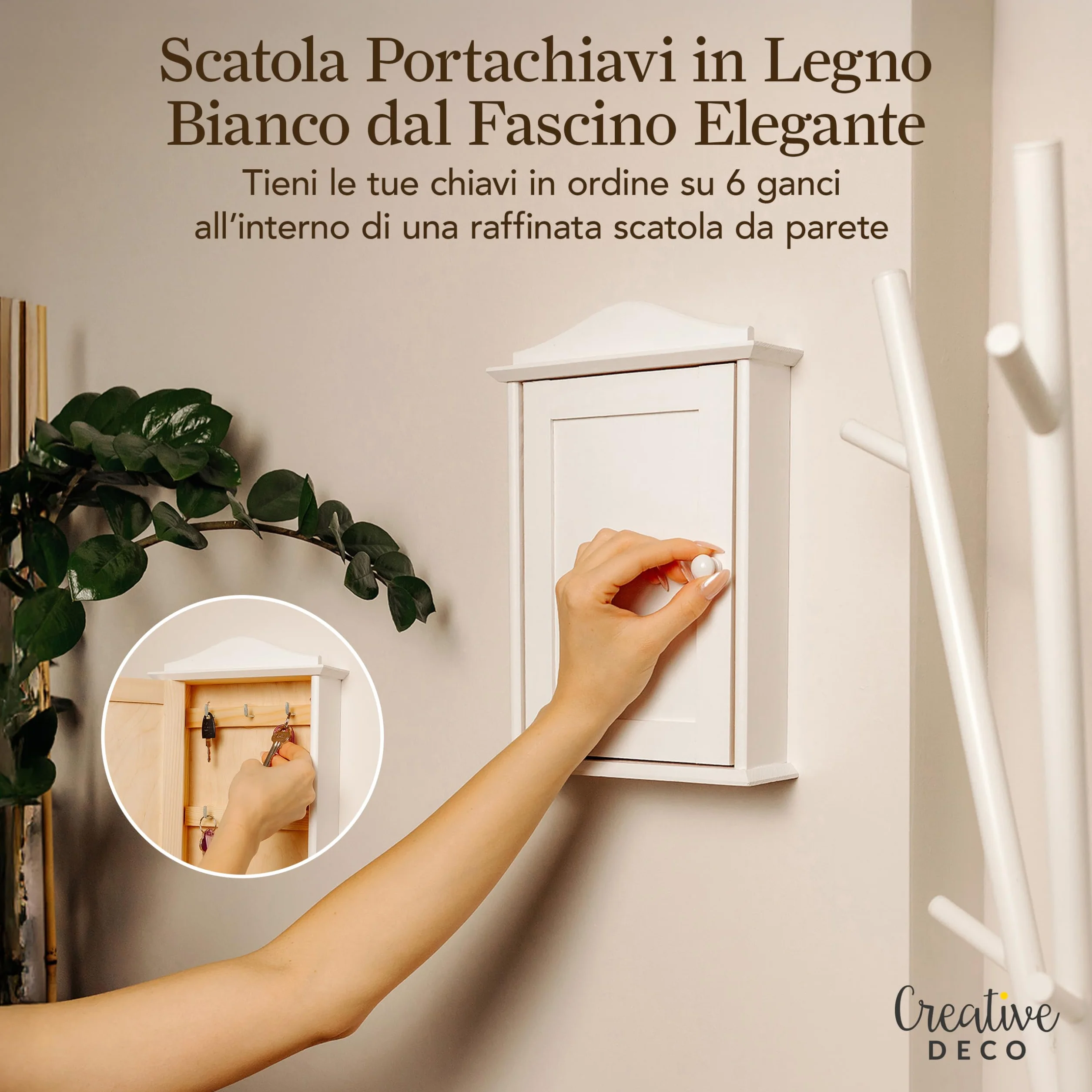Creative Deco Decorativa Cassetta Portachiavi Bianca in Legno con 6 Ganci | 20 x 6 x 29,5 cm | Appendichiavi Bianco | Scatola Portachiavi Bianca con Ganci, Ideale per Conservazione e Decorazione
