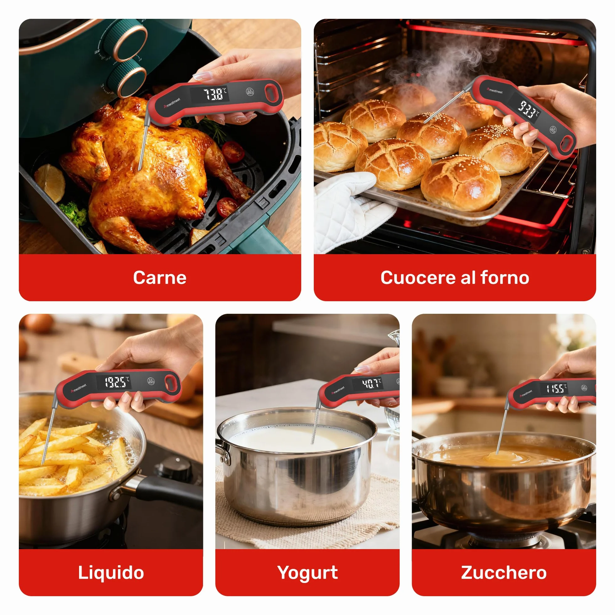Termometro da Cucina Digitale IP67 Lettura Ultra-Rapida 0.5 Secondi Precisione ±0,3°C Display LED Girevole Automatico