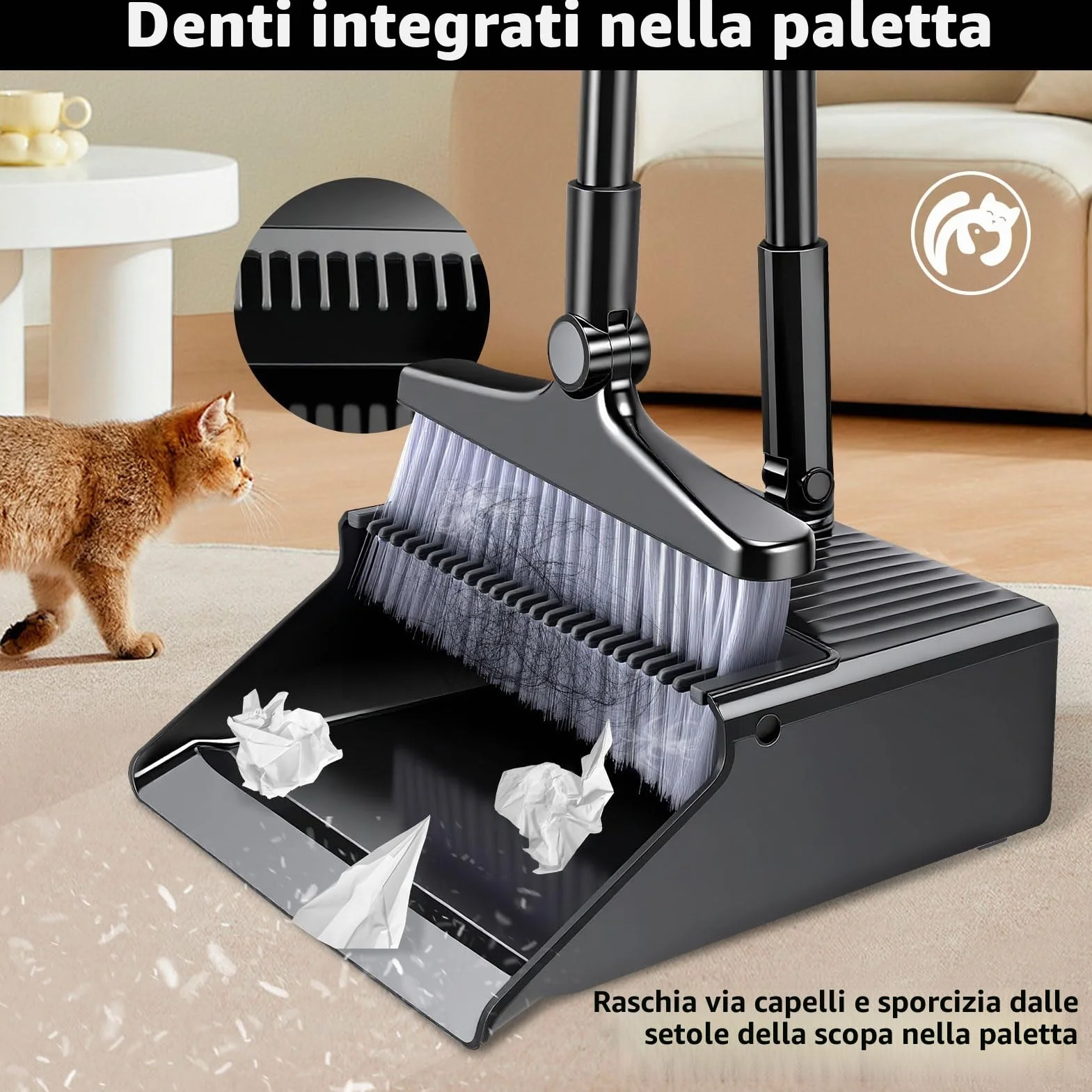 Set scopa e paletta, set paletta e spazzola a manico lungo, set scopa verticale per spazzare, spazzola rotante a 180 gradi, paletta domestica con denti a pettine per interni, esterni, casa e cucina.