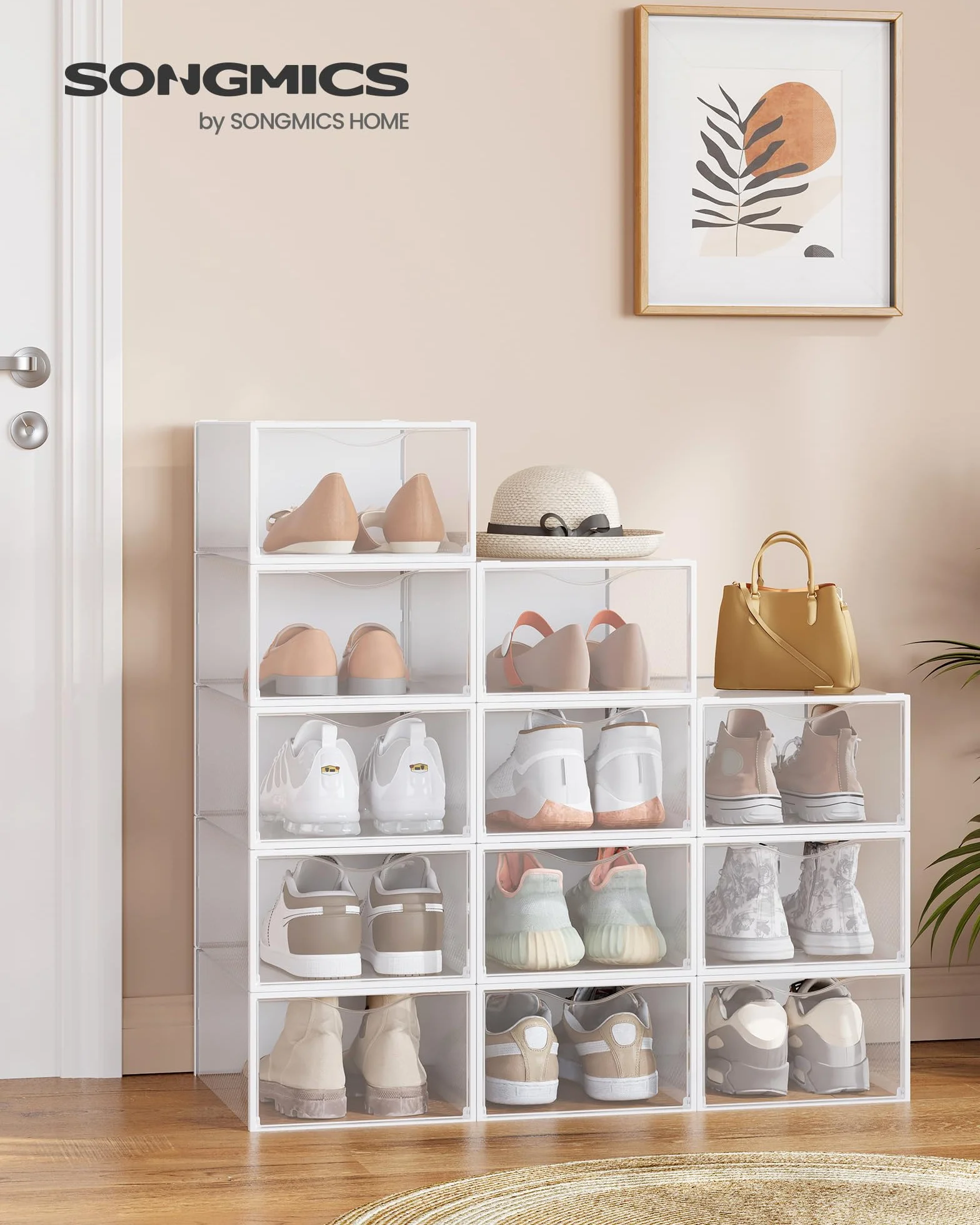 SONGMICS Scatole Contenitori per Scarpe in Plastica Trasparenti 12 Pezzi 33,2 x 23 x 14,5 cm Impilabili