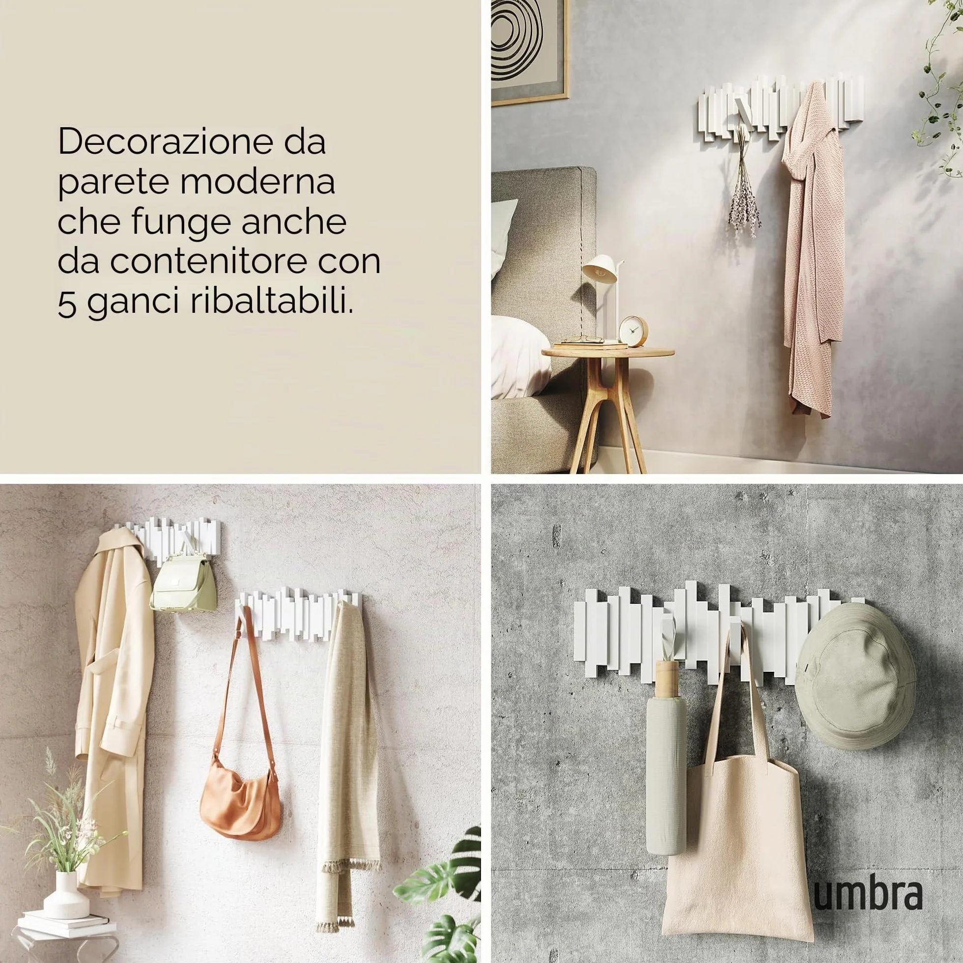 Umbra Sticks Attaccapanni da parete 5 ganci ribaltabili ABS Bianco