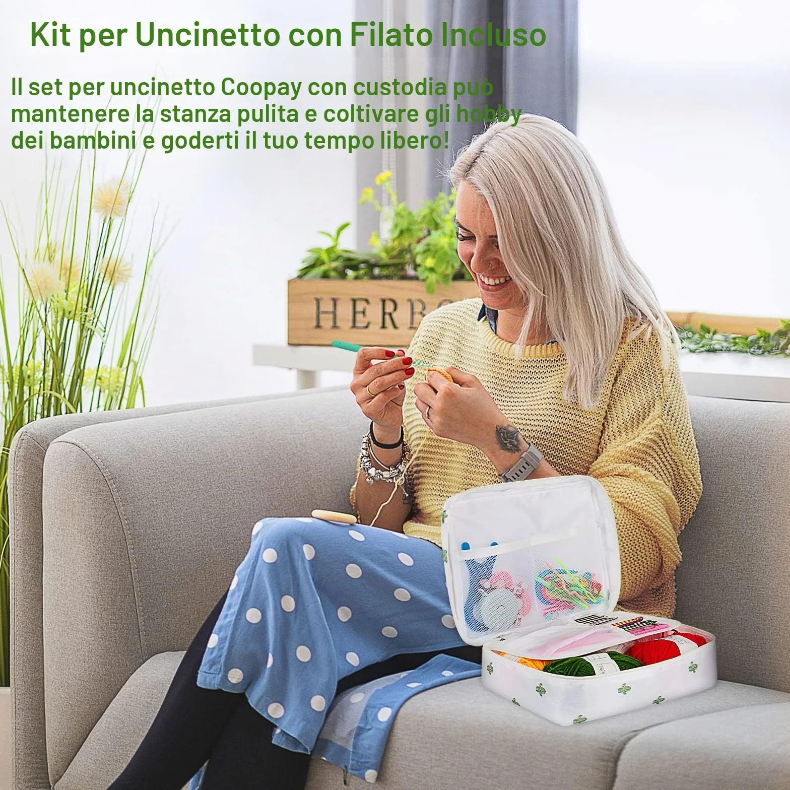 Coopay Set di uncinetti ergonomici in metallo 0,6-6 mm per principianti con accessori e custodia