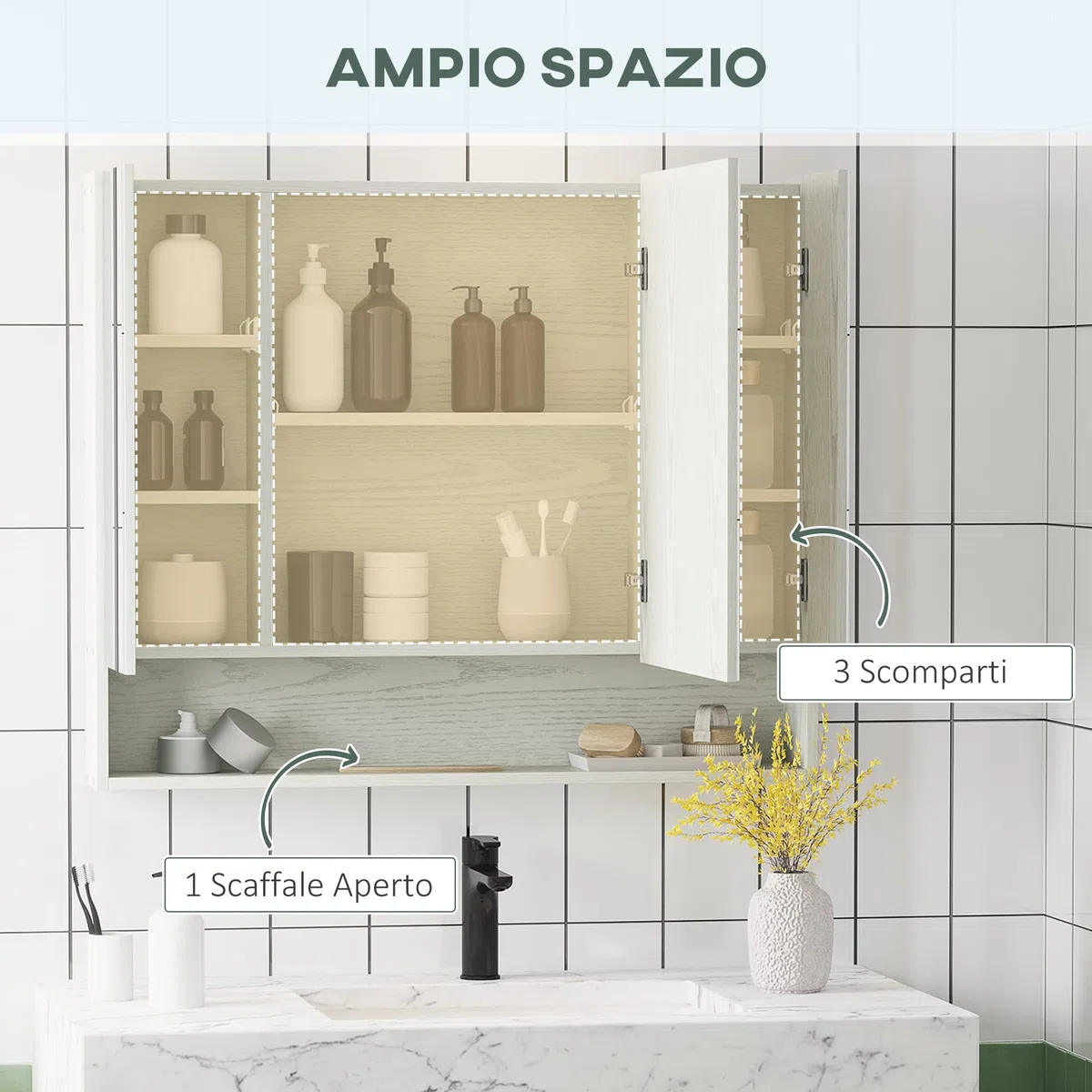 kleankin Specchio Bagno Contenitore con 3 Ante Soft Close, 90x15x75 cm Mobile Bagno con Specchio, Ripiani Regolabili, Scomparto Aperto, Mobilettto Bagno da Parete Salvaspazio in Vetro, Effetto Legno