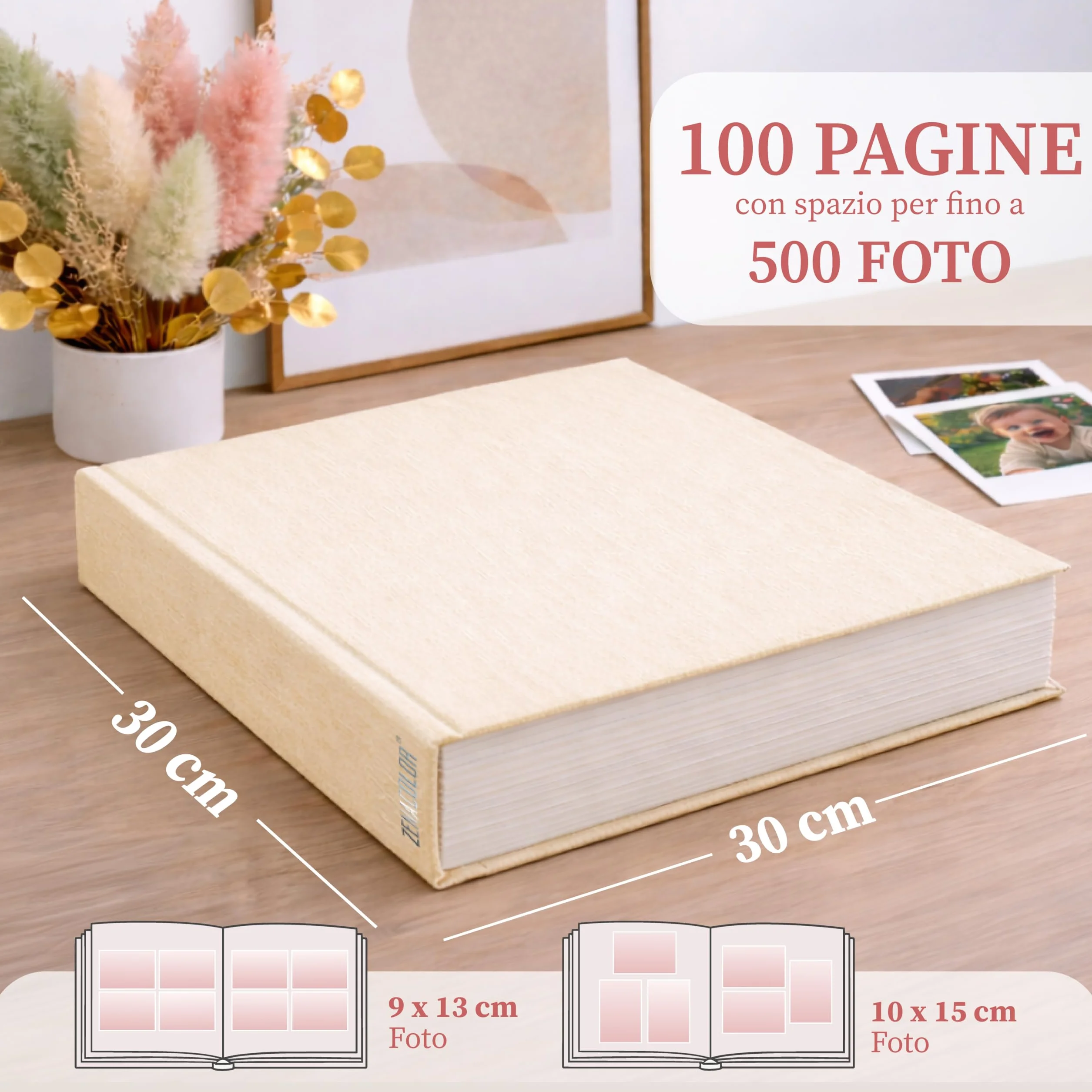 Zenacolor Album Fotografico Scrapbook in Lino 30x30cm Beige 100 Pagine 500 Foto
