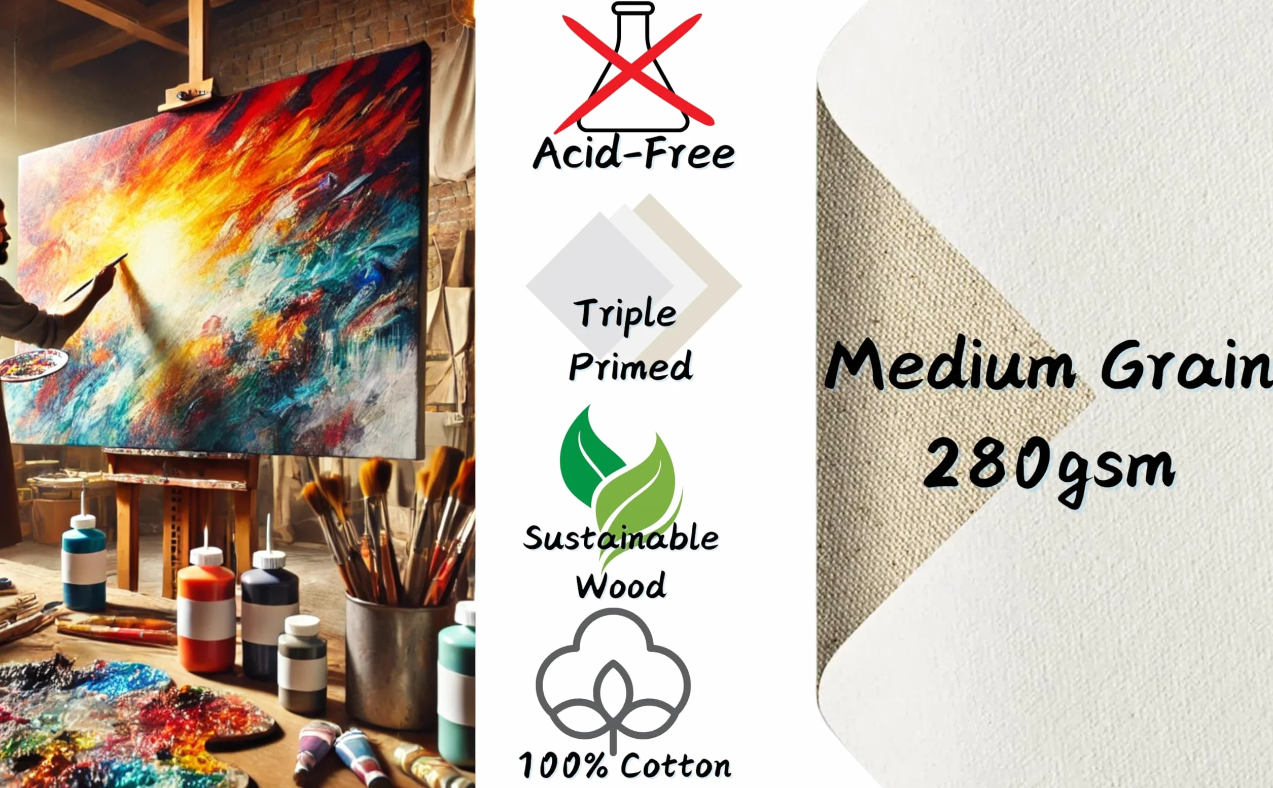Artme Tela intelaiate 8 pezzi 280GSM 100% cotone bianco grana media per acrilico/olio