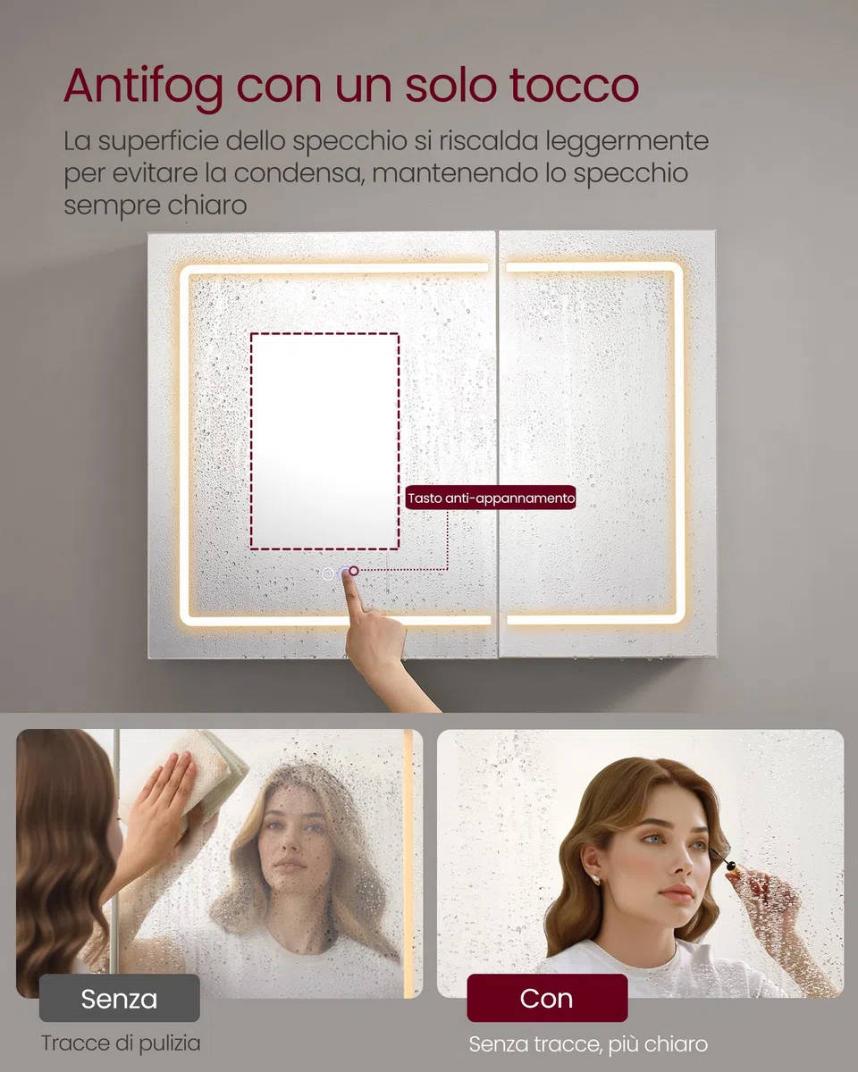 VASAGLE Kailyn Collezione - Armadietto a Specchio da Parete per Bagno con LED, Presa Multipla, Funzione Antiappannamento, Specchio Ingranditore 10x, Stile Moderno, 16,5 x 80 x 60 cm, Bianco BBK134W01