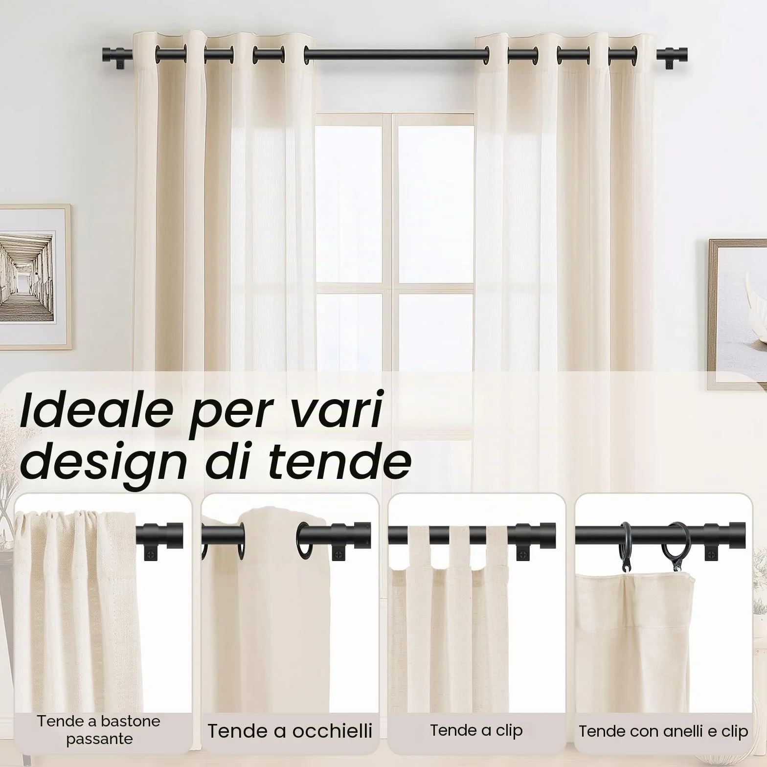 Bastone per Tende Nero, 80-183 cm Regolabile, Asta Estensibile con Terminali a Cilindro e Staffe