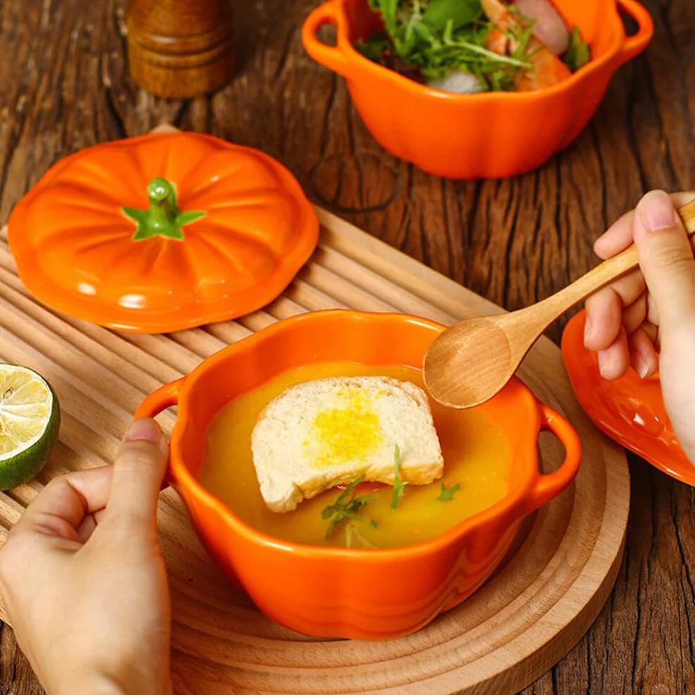 Zucca Cocotte Forno Ceramica Zuppa Terrina con Coperchio Arancione