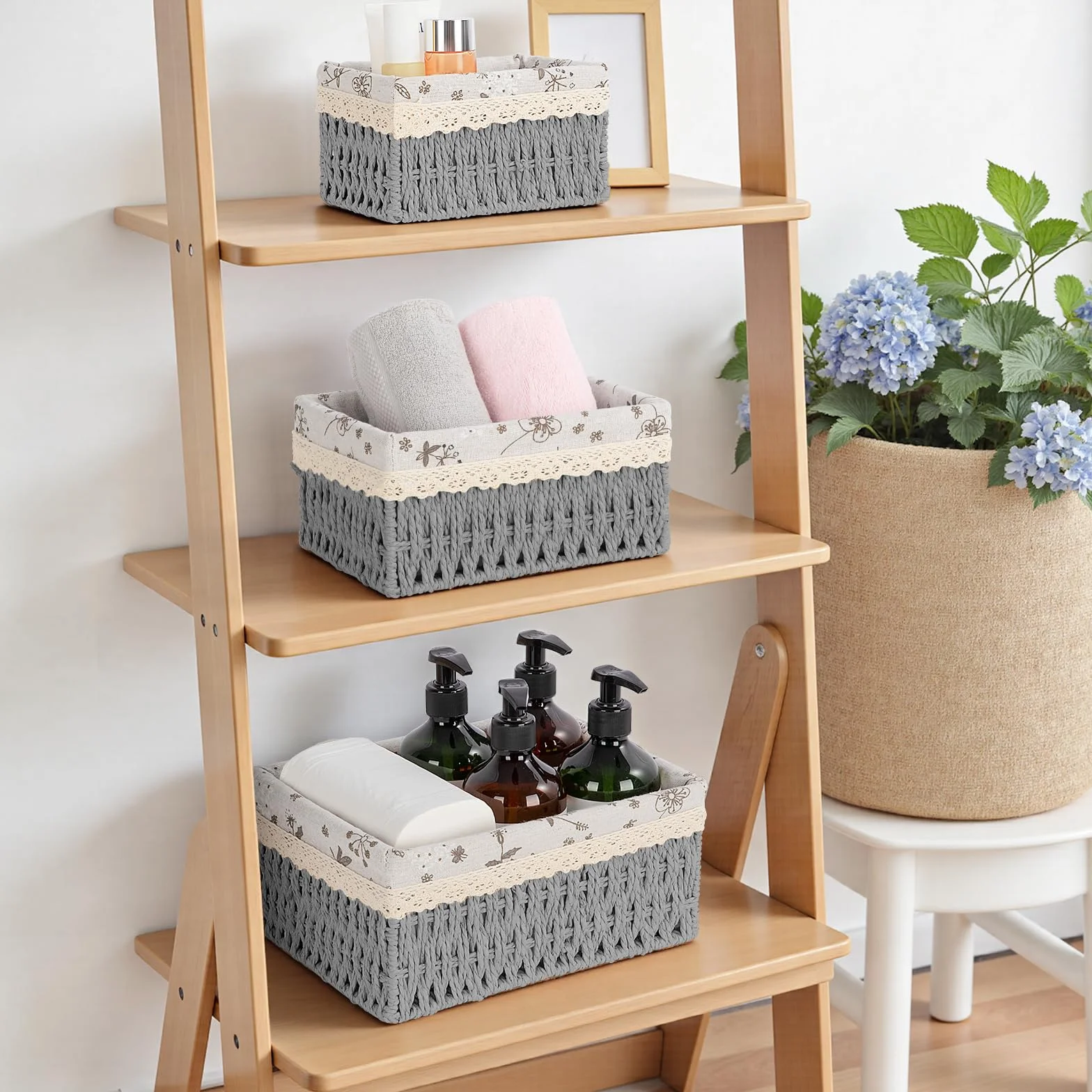 Cestini Portaoggetti Set di 3 Cesto Porta Giocattoli Cestino da Bagno Vimini Grigio