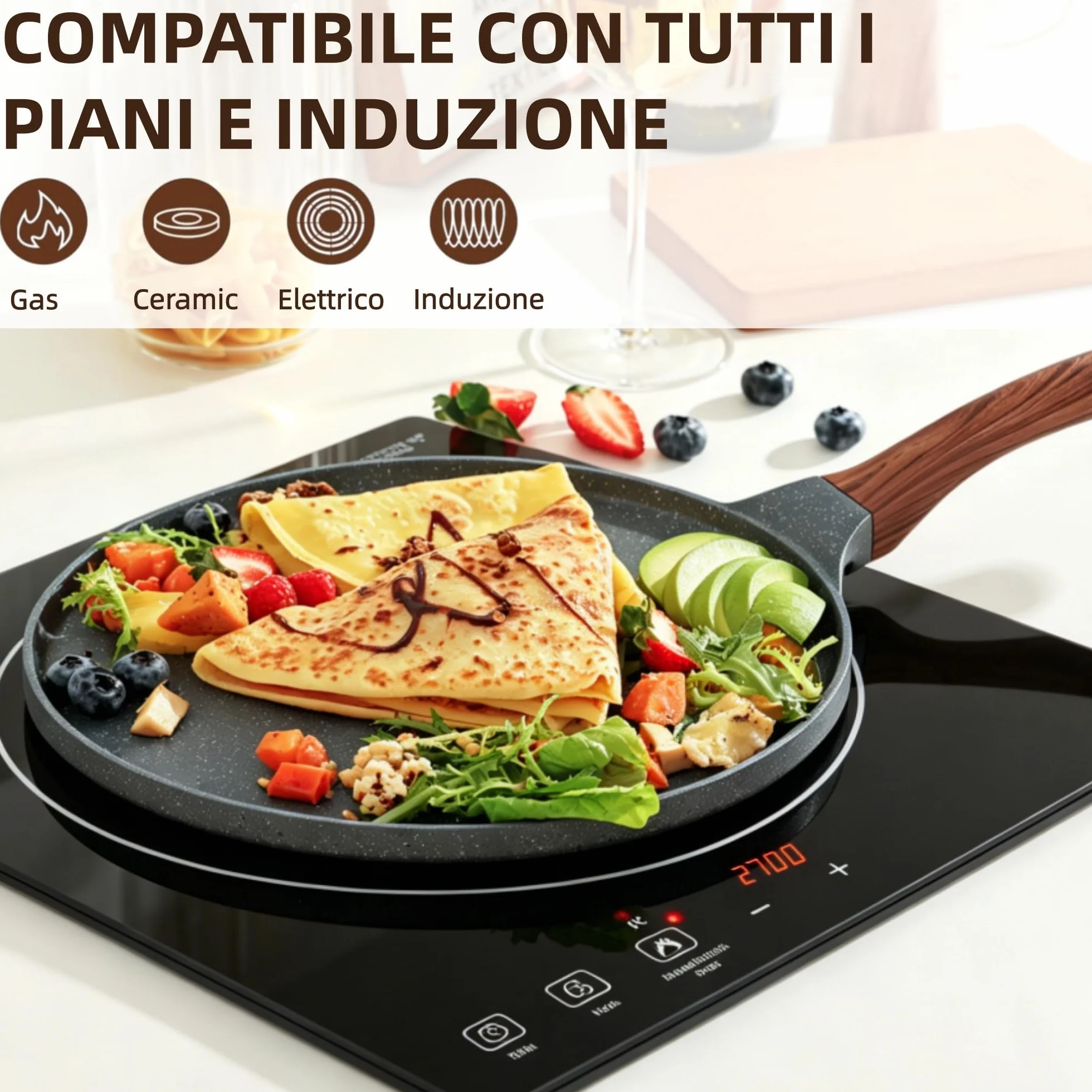 SENSARTE Padella per Crepe 26cm Antiaderente Granito Crepiera con Distributore Impasti Induzione