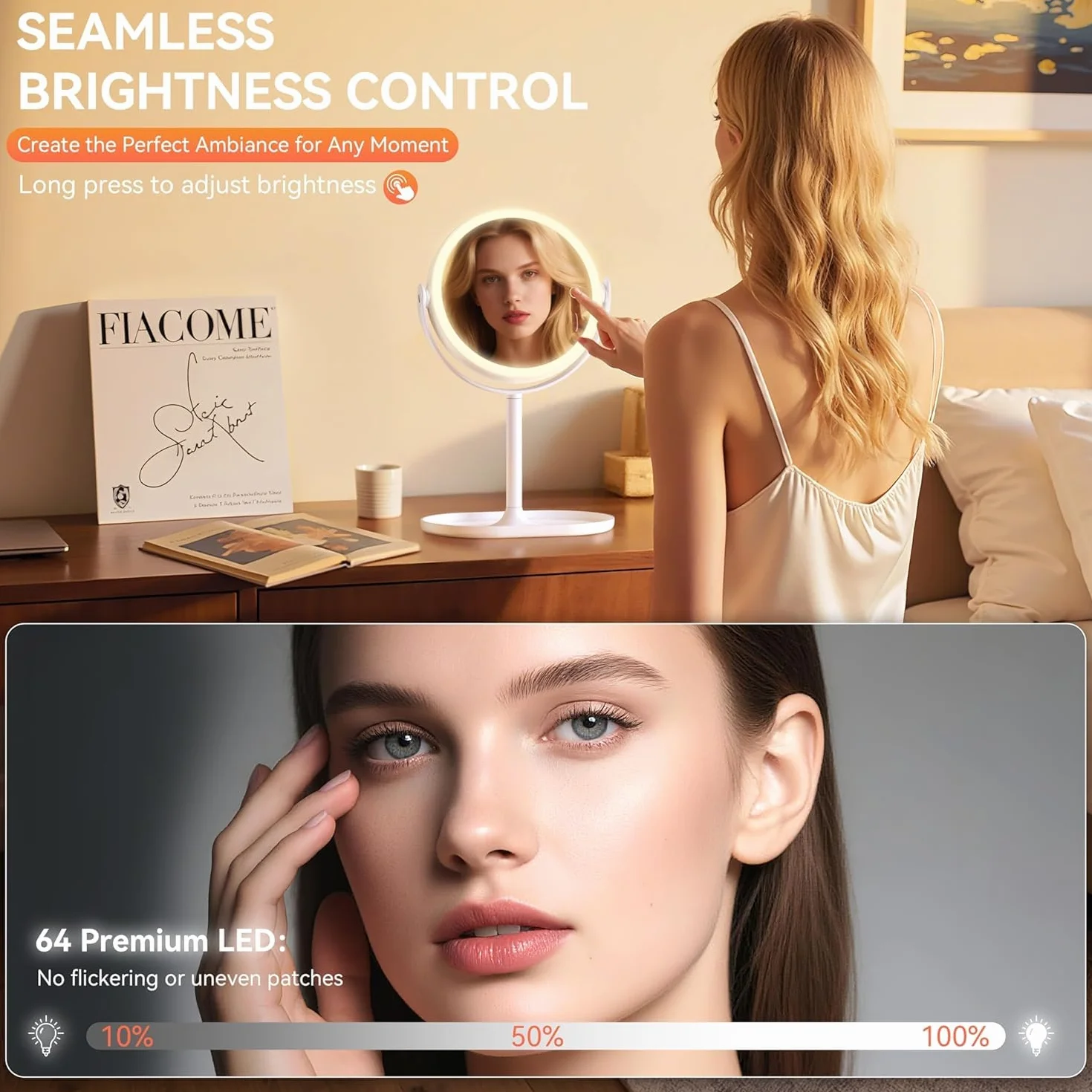 Auxmir Specchio Trucco con Luci 30X/1X Bifacciale, Specchio Ingranditore 8", Specchio da Tavolo Ricaricabile 2000mAh, 3 Colori di Luci 64 LED Rotazione a 360° Smontabile per Camera da Letto, Viaggio