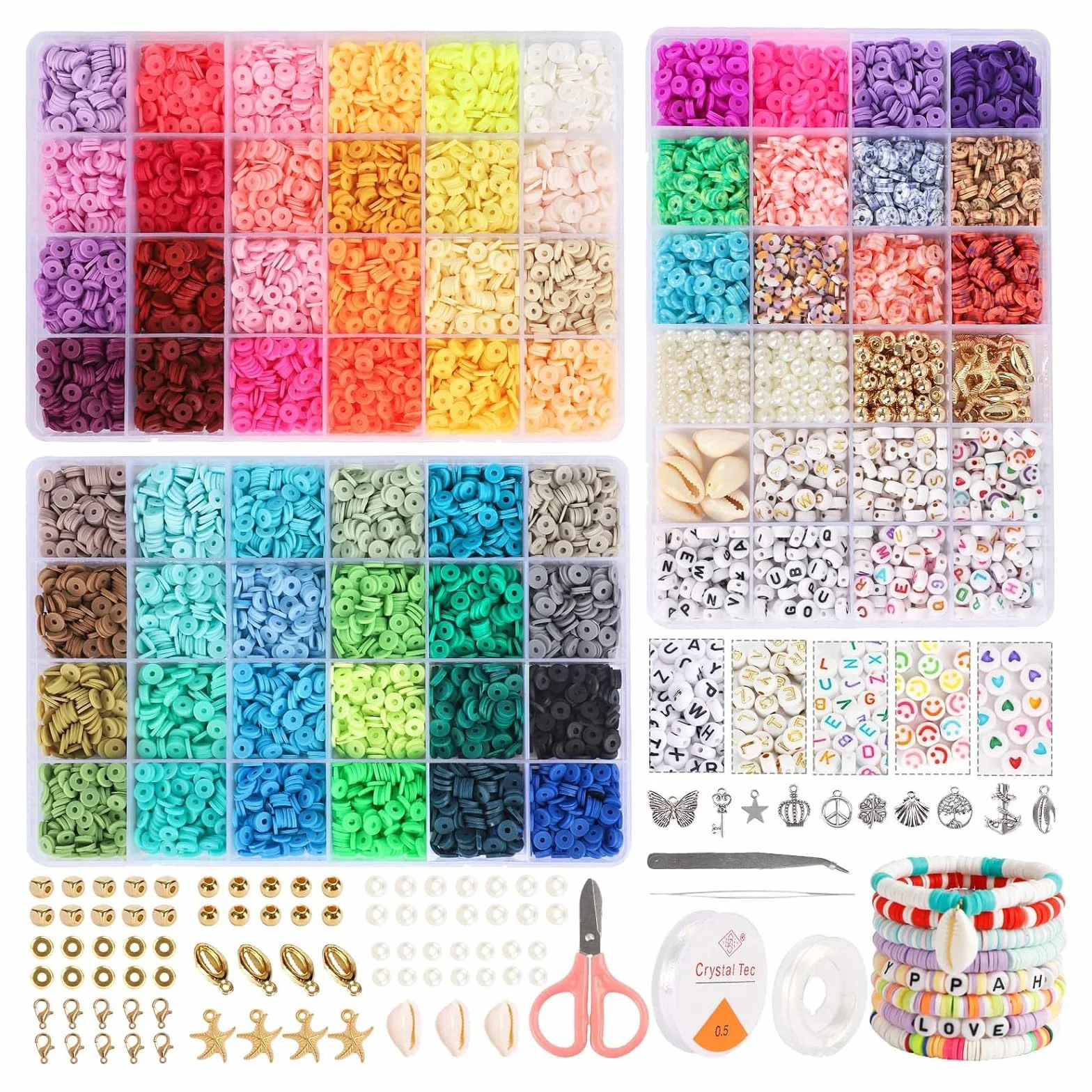 Qikuver Kit per la creazione di bracciali, 8230 perline in argilla, 60 colori, 3 scatole di perline per la creazione di gioielli, perline rotonde con lettere, cuori e motivi con ciondoli, braccialetti