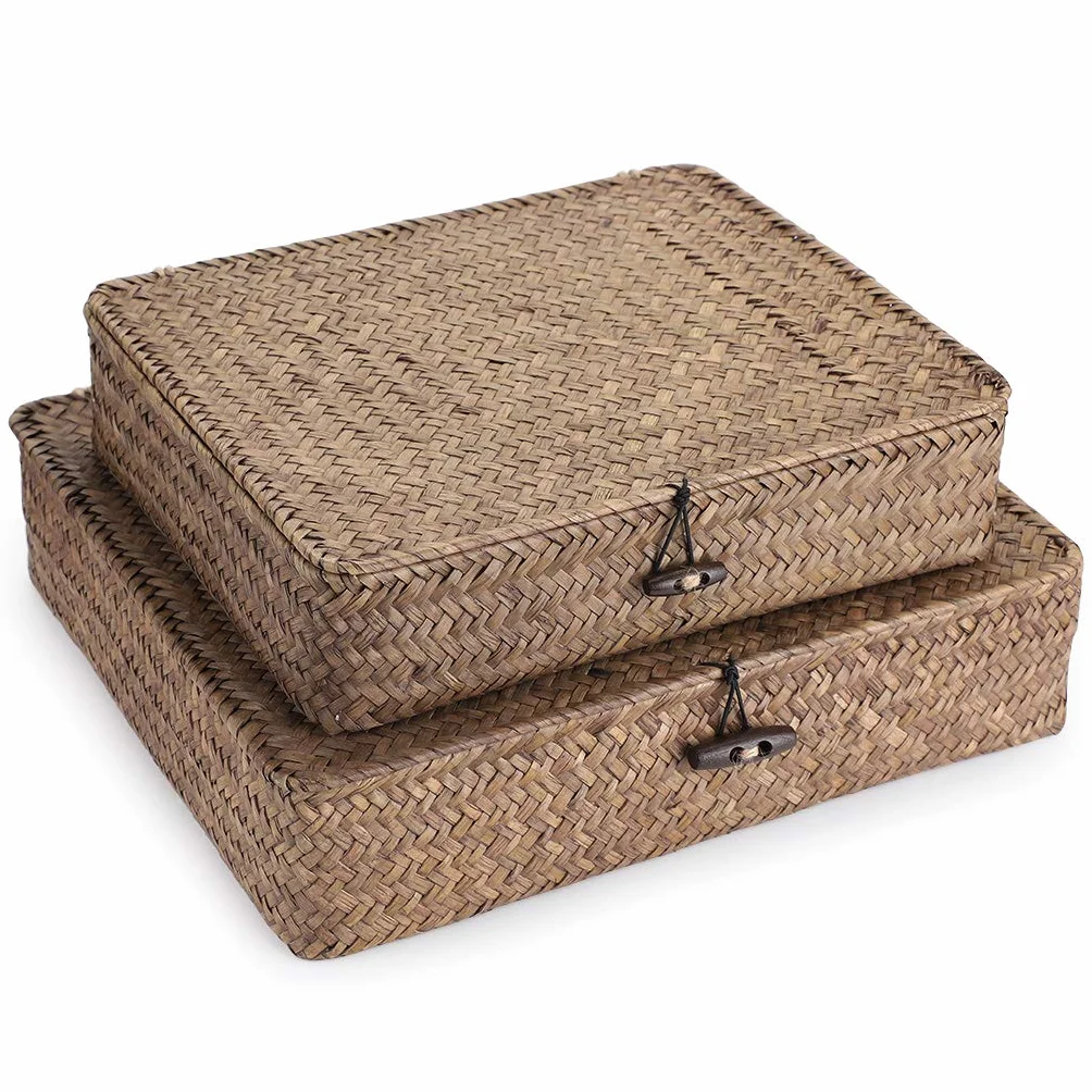 Cestini in rattan naturale con coperchio fatti a mano rettangolari marroni