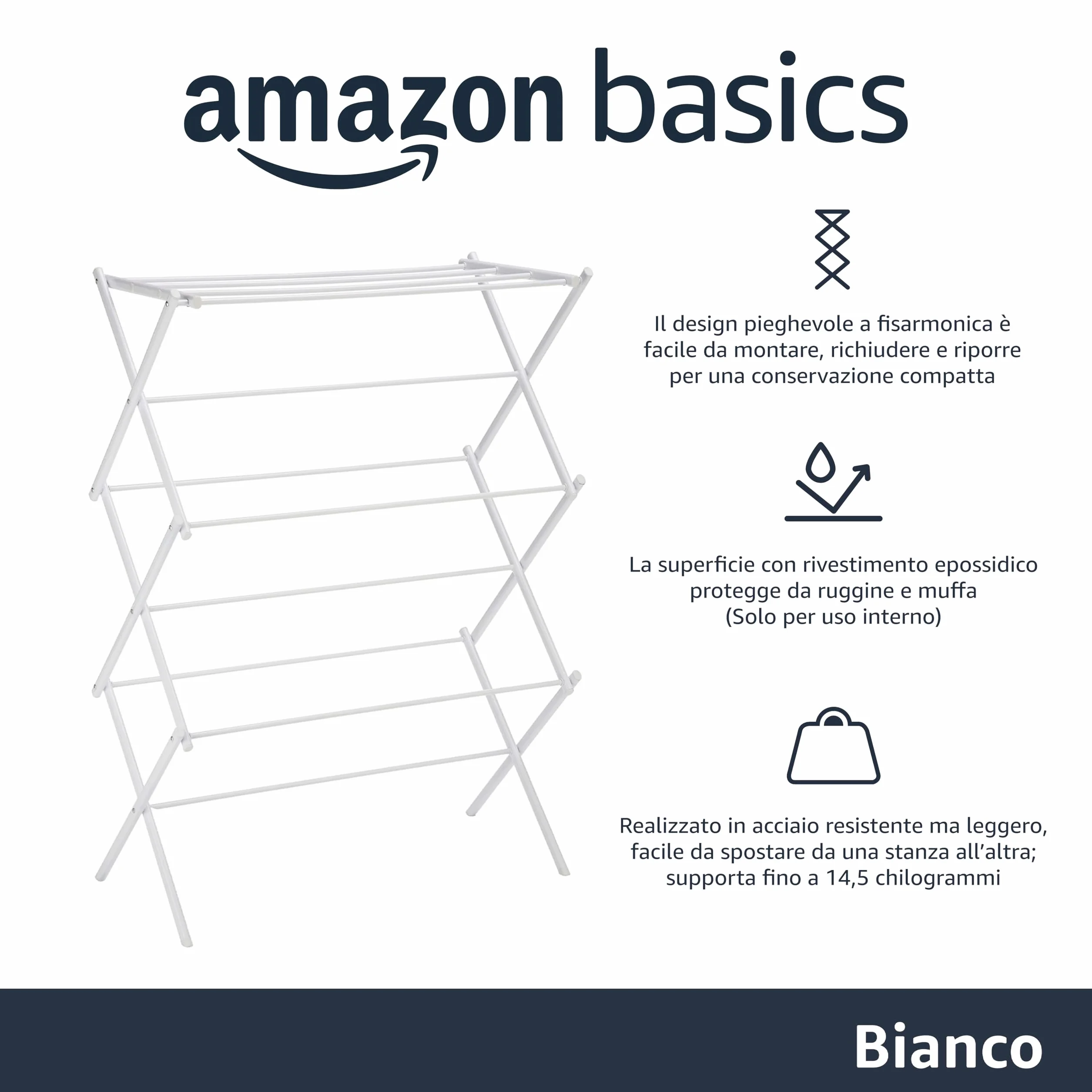 Amazon Basics Stendibiancheria pieghevole, 41,8 x 74,9 x 106,2 cm, bianco