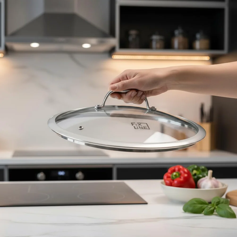 FIXLINE® Coperchio in vetro 28 cm – Coperchio universale in vetro temperato con uscita vapore e bordo in acciaio inox – Coperchio per padella e coperchio adatto per padelle e pentole Ø 28 cm