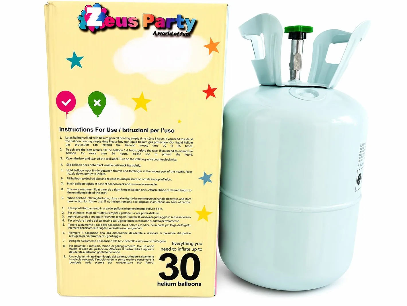 Zeus Party Elio per palloncini Kit Bombola gas elio 0,29 m³ PURO gonfiaggio 30 palloncini