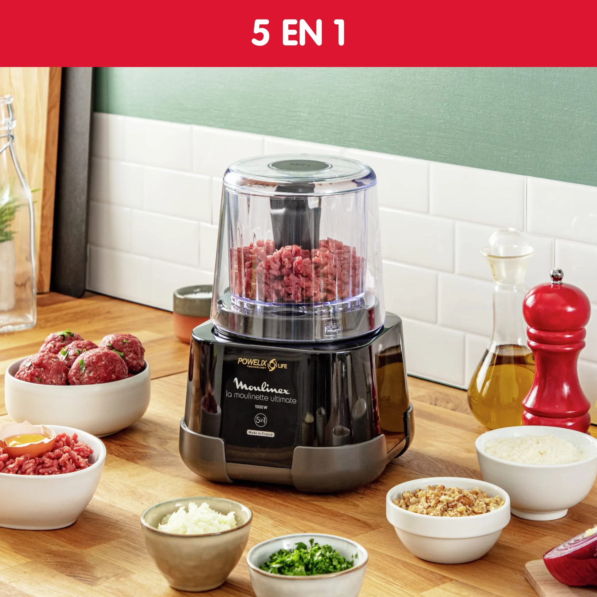 Moulinex dp810855 Tritatutto elettrica, 1000 W, 2 Lame Powerlife, capacità fino a 350 G/550 ML, Coperchio ermetico, sistema di protezione contro Il surriscaldamento, Nero