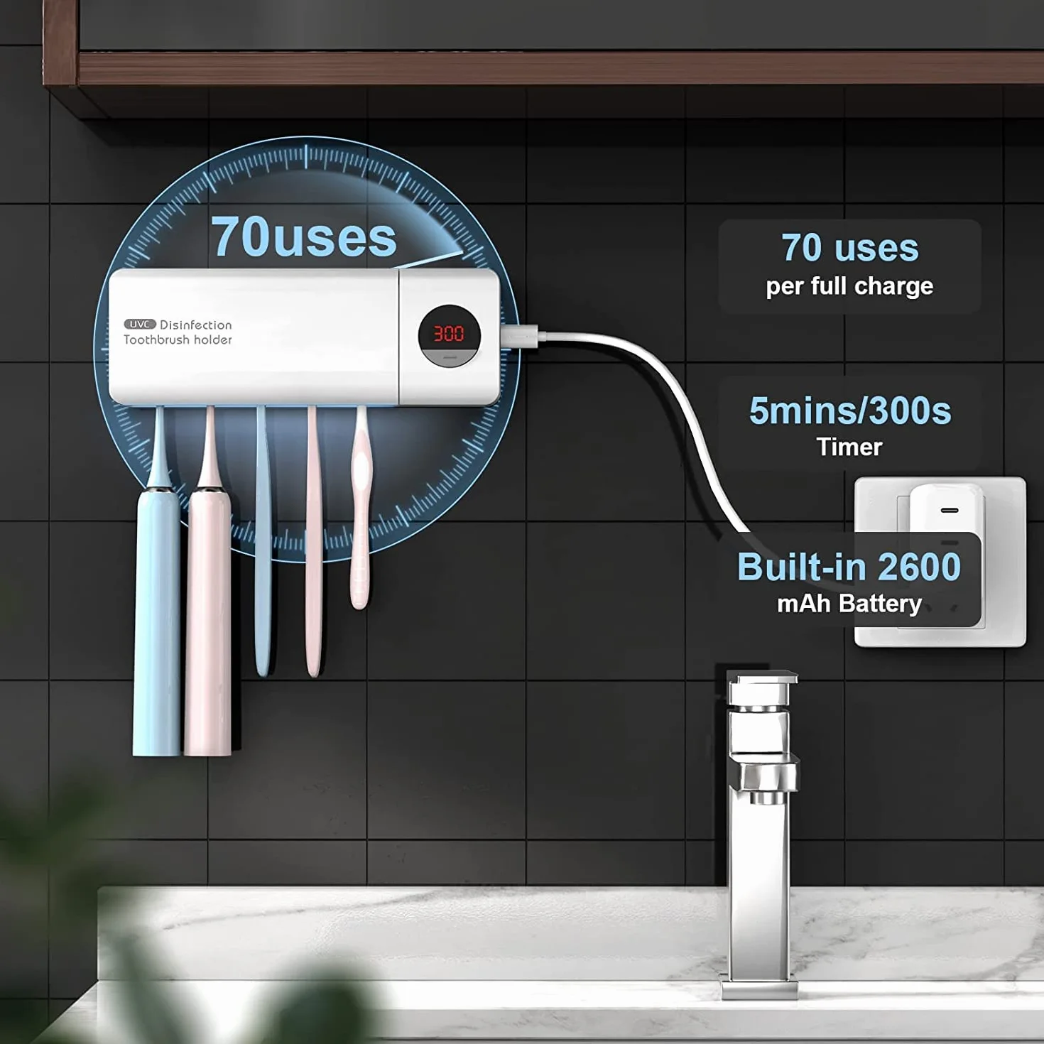 DSHOW Spazzolino Igienizzante UV da Bagno, Montaggio a Parete Sterilizzatore, Carica 2000mAh, Funzione di Cronometraggio, Organizer per Spazzolino da Denti (Bianca)