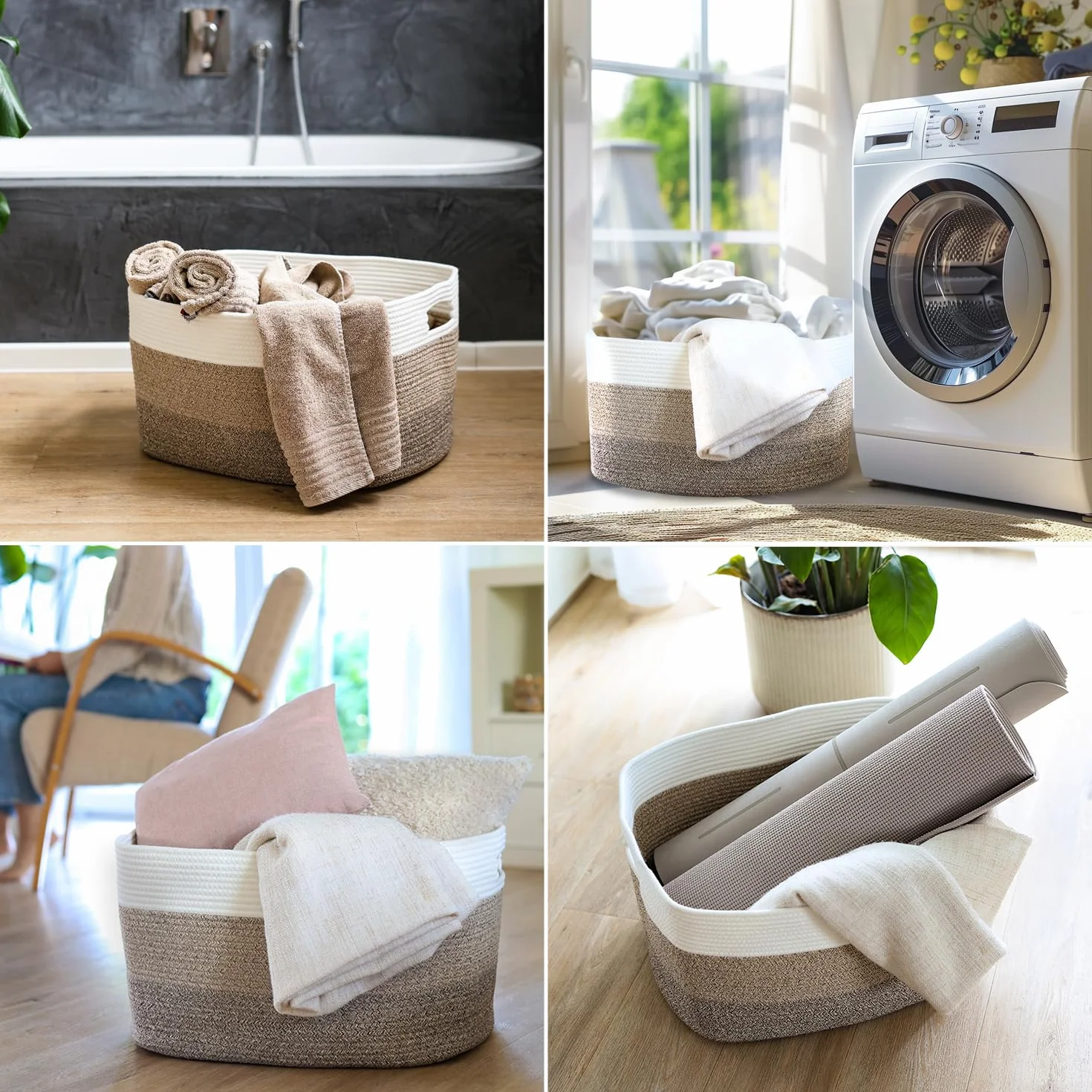 Cesto portabiancheria in cotone angolare con manici 55 x 43 x 30 cm Bianco-Marrone