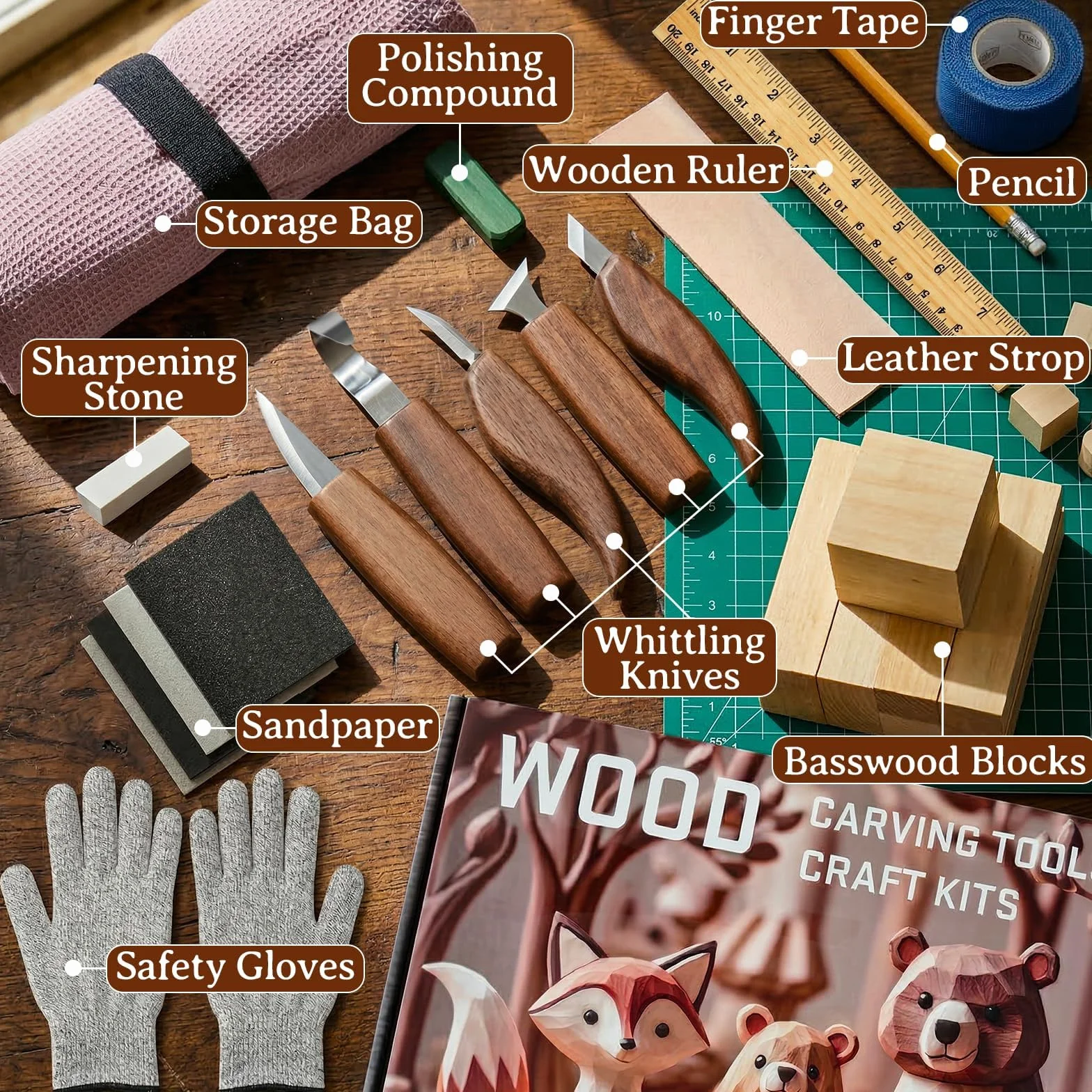 26 Pezzi Kit di Coltelli per Intaglio del Legno, PUYUKO Kit intaglio del Legno con Guanti e Borsa, Kit Scultura Legno Completo per Affilatura, Borsa Arrotolabile e Guanti, Scalpelli (26 Pezzi)