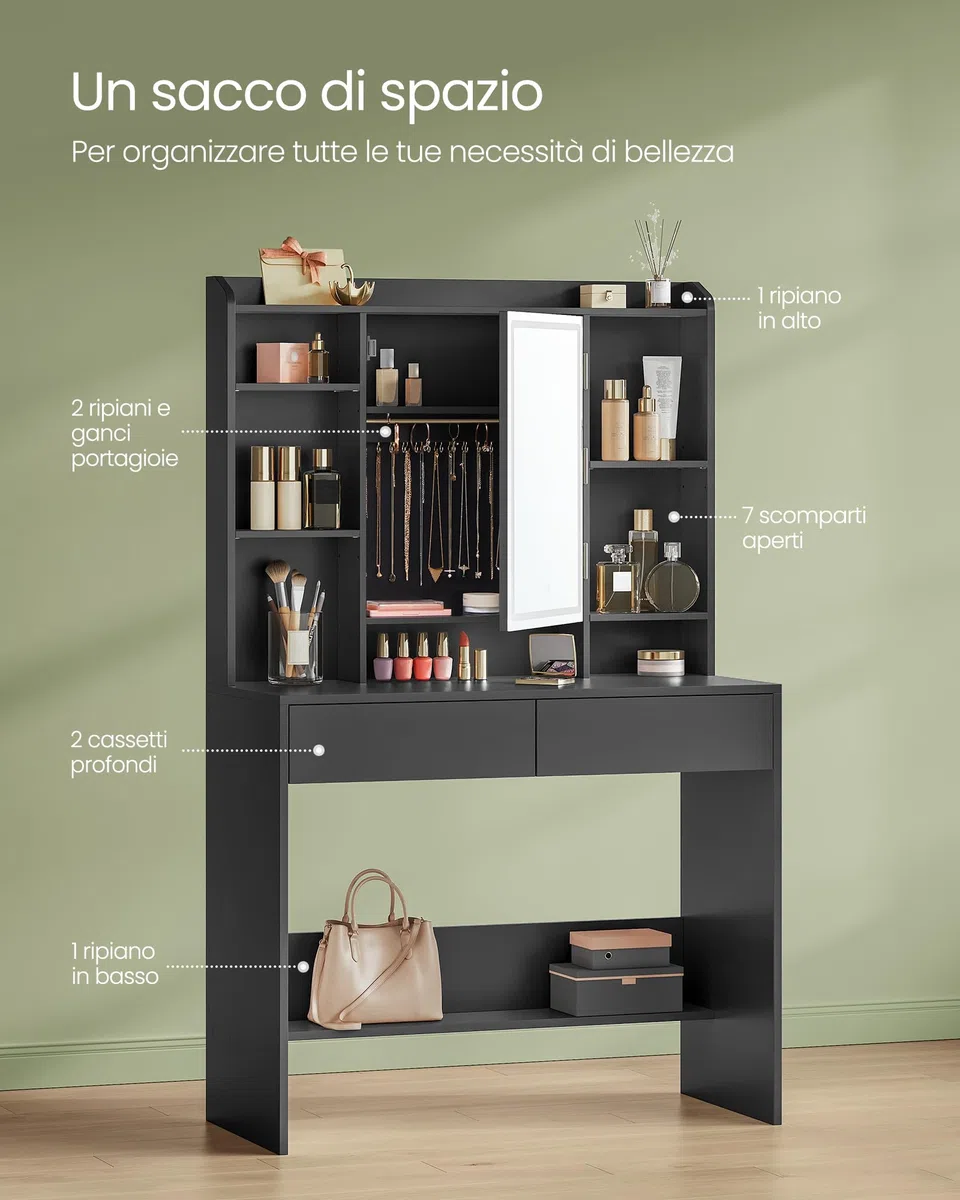 VASAGLE KAILYN Collezione - Toeletta con Luci LED 3 Colorazioni con Luminosità Regolabile, Tavolo da Trucco con Specchio, Ripiani Regolabili, 2 Cassetti, Postazione Trucco, Nero Inchiostro RDT123B01