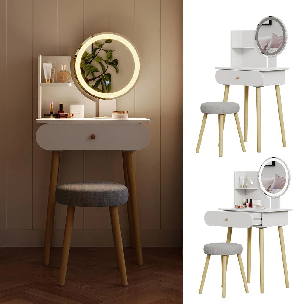 Vicco Tavolino da toilette Edda, Bianco, 60 cm con specchio LED e sgabello, con specchio LED rotondo e sgabello coordinato