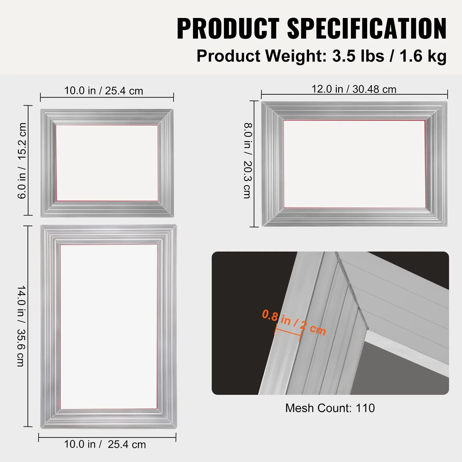 VEVOR Kit Telaio per Stampa Serigrafica in Lega di Alluminio 110 Maglie 3 Pezzi 2cm