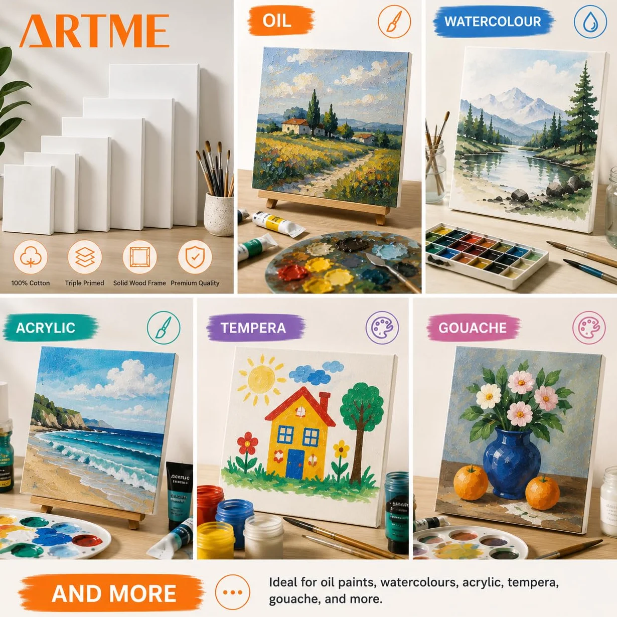 Artme Tela intelaiate 8 pezzi 280GSM 100% cotone bianco grana media per acrilico/olio