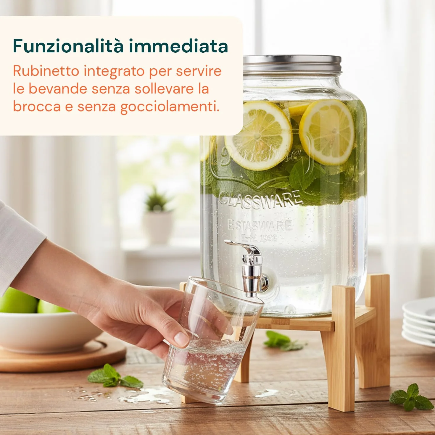 Avilia Dispenser Bevande in Vetro 8 Litri Rubinetto Acciaio Inox per Acqua e Bibite con Infusore