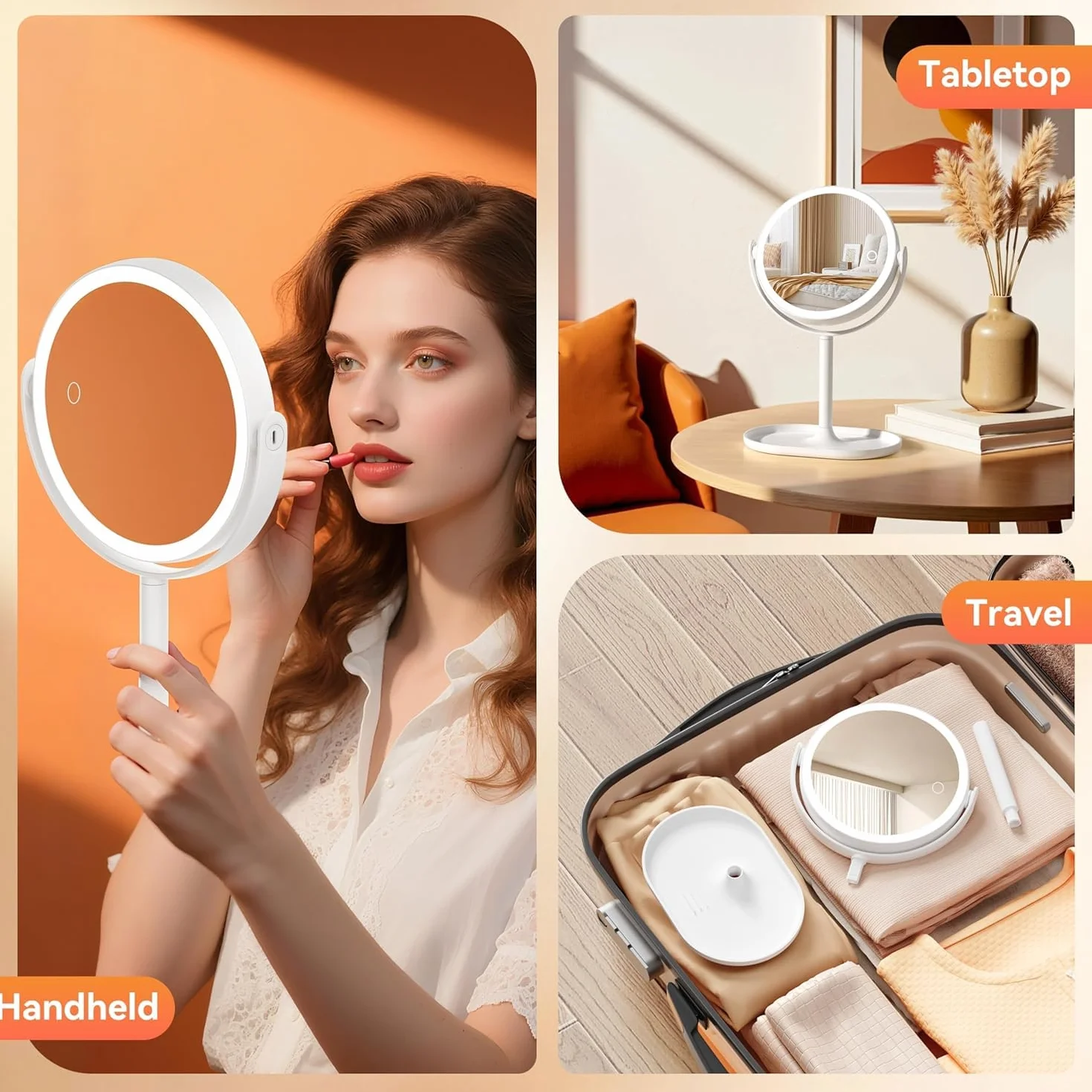 Auxmir Specchio Trucco con Luci 30X/1X Bifacciale, Specchio Ingranditore 8", Specchio da Tavolo Ricaricabile 2000mAh, 3 Colori di Luci 64 LED Rotazione a 360° Smontabile per Camera da Letto, Viaggio