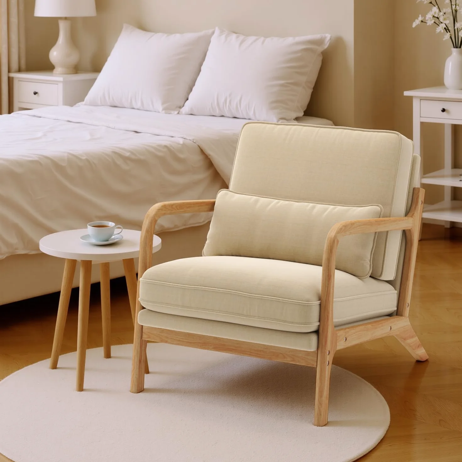 Poltrona da Salotto in Legno di Caucciù,Poltroncina Camera da Letto,con Cuscino Sfoderabile e Schienale con Braccioli con cuscino lombare,82 x 65 x 75CM, Beige