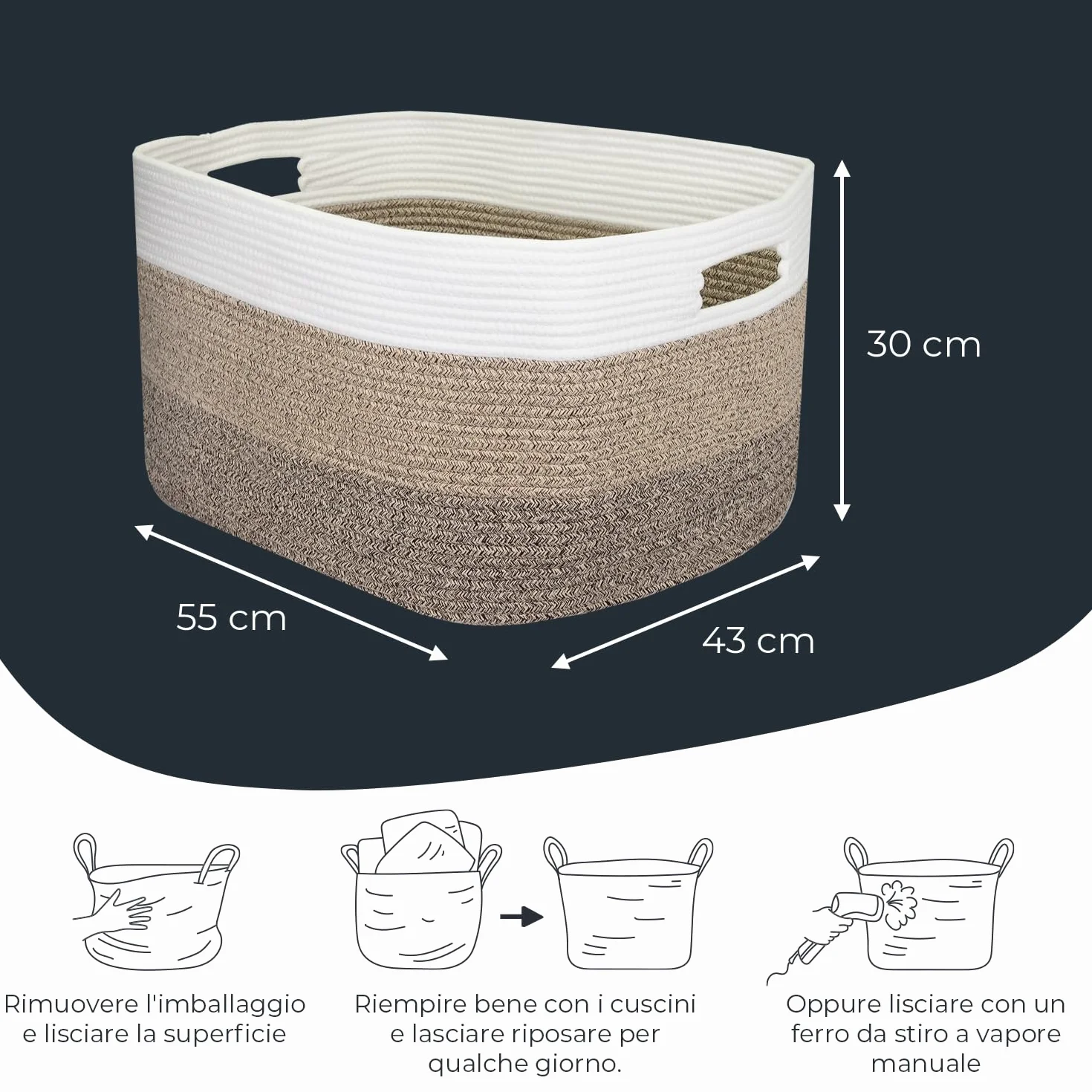 Cesto portabiancheria in cotone angolare con manici 55 x 43 x 30 cm Bianco-Marrone