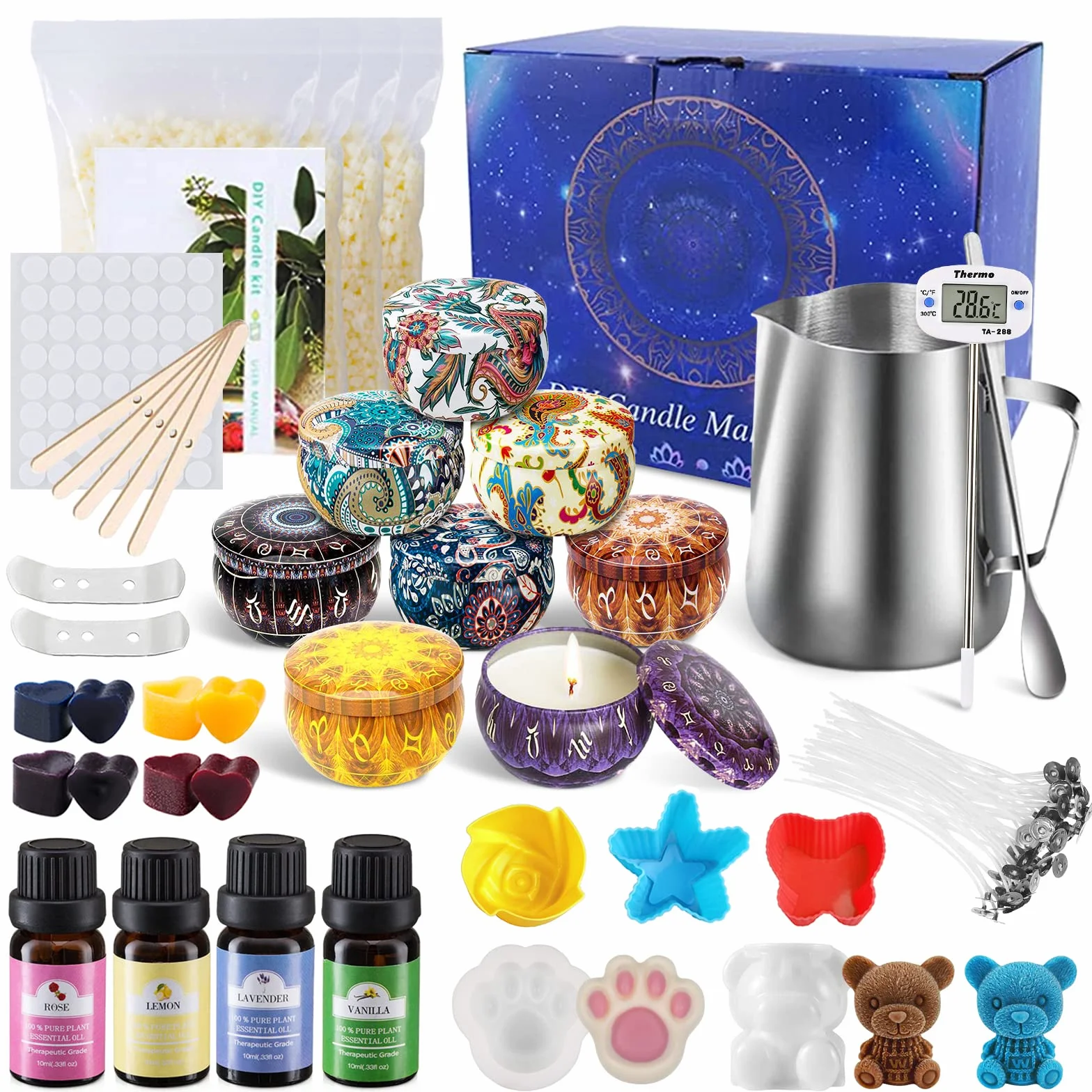 Kit per Fabbricazione Candele DIY JOYBOY Cera di soia, Stoppini, Barattoli, Stampo Silicone