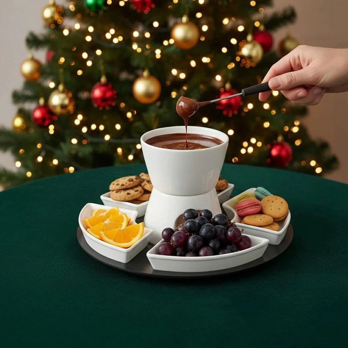 Set di Fonduta di Cioccolato in Ceramica 300 ml, 4 Piatti e 4 Forchette, Bianco