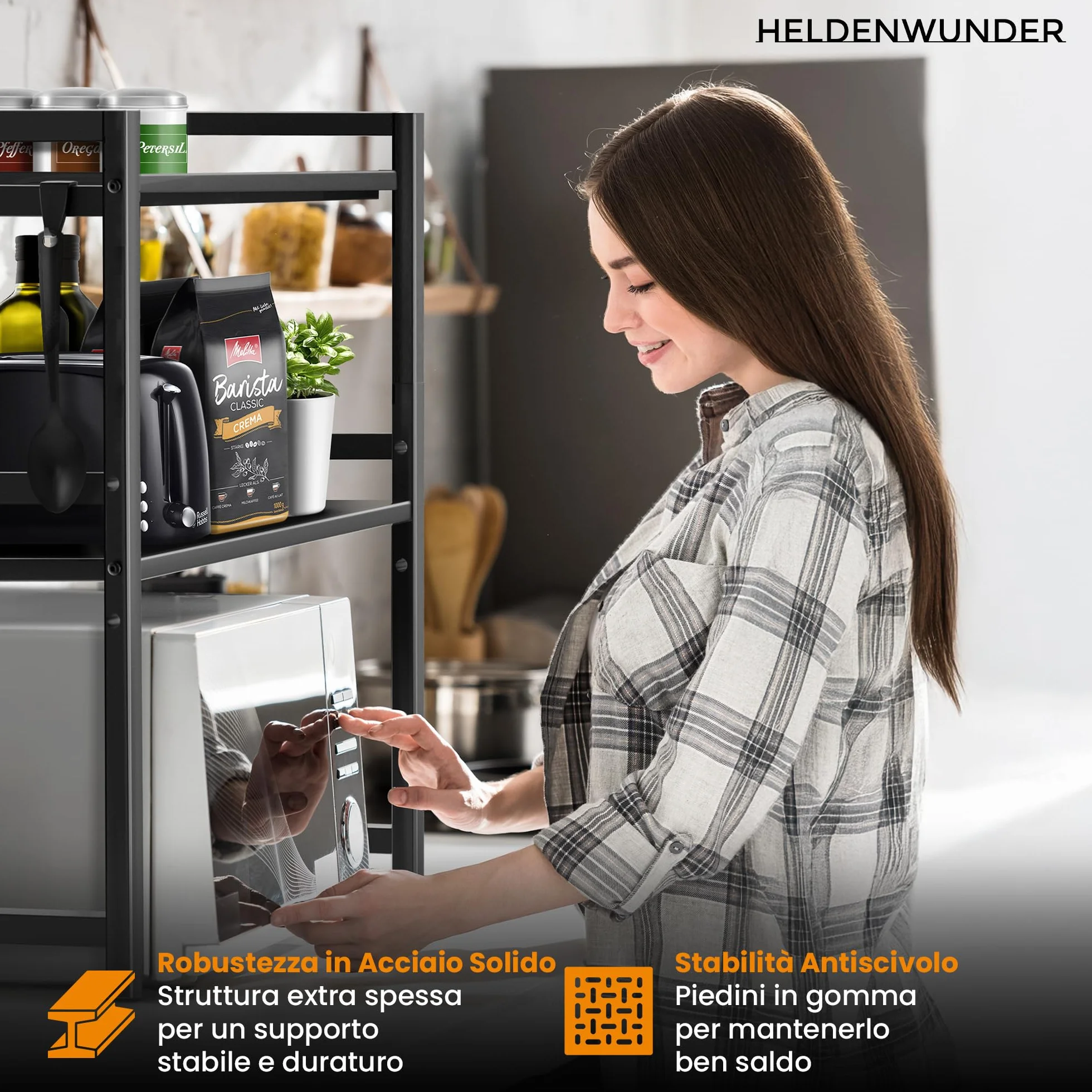 Heldenwunder Mensola Mobile Cucina Salvaspazio Acciaio 2 Ripiani Organizer Forno Mobiletto Supporto Microonde Regolabile Nero