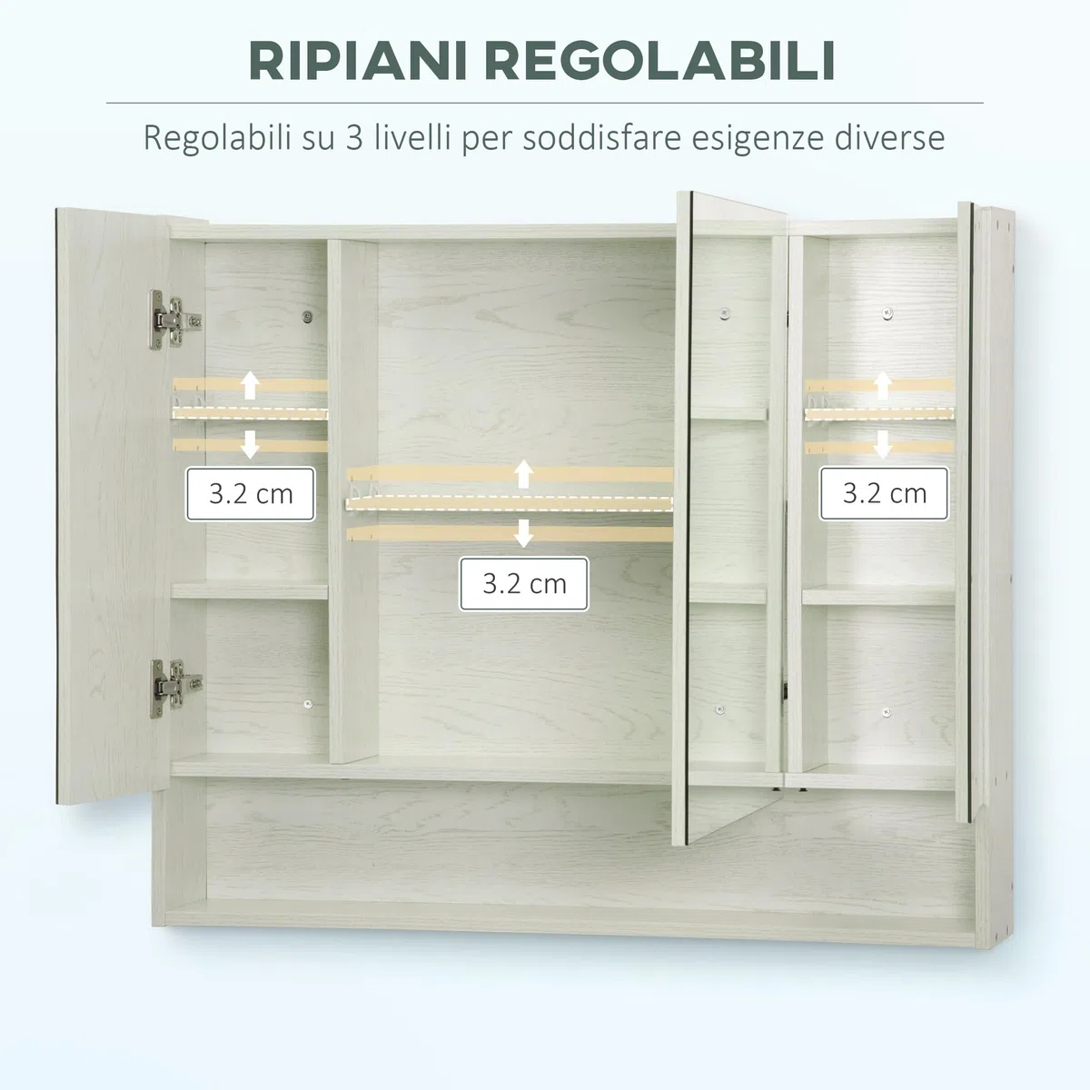 kleankin Specchio Bagno Contenitore con 3 Ante Soft Close, 90x15x75 cm Mobile Bagno con Specchio, Ripiani Regolabili, Scomparto Aperto, Mobilettto Bagno da Parete Salvaspazio in Vetro, Effetto Legno